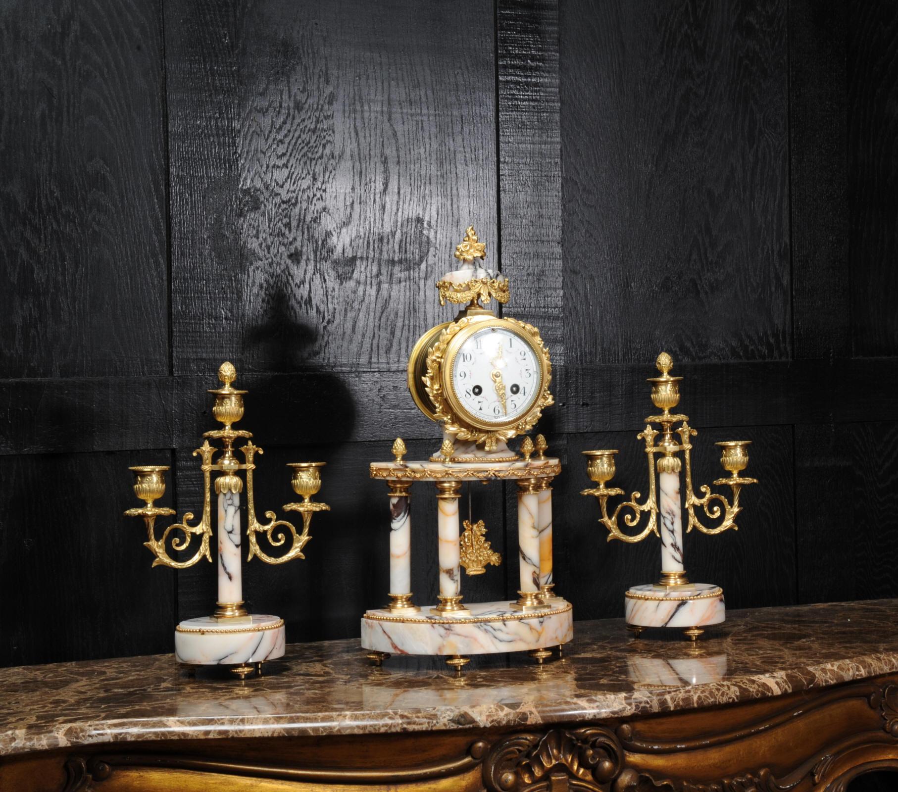 Louis Japy Ormolu and Marble Portico Antique French Clock Set 1
