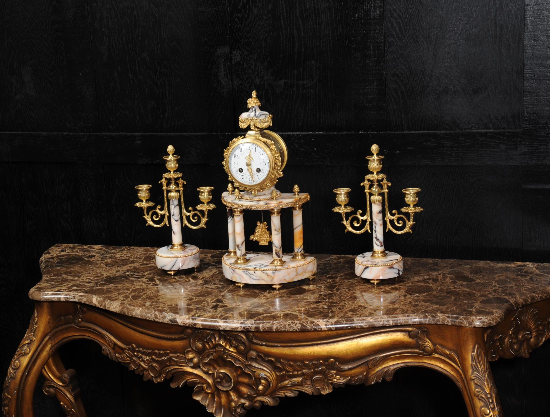 Louis Japy Ormolu and Marble Portico Antique French Clock Set 2