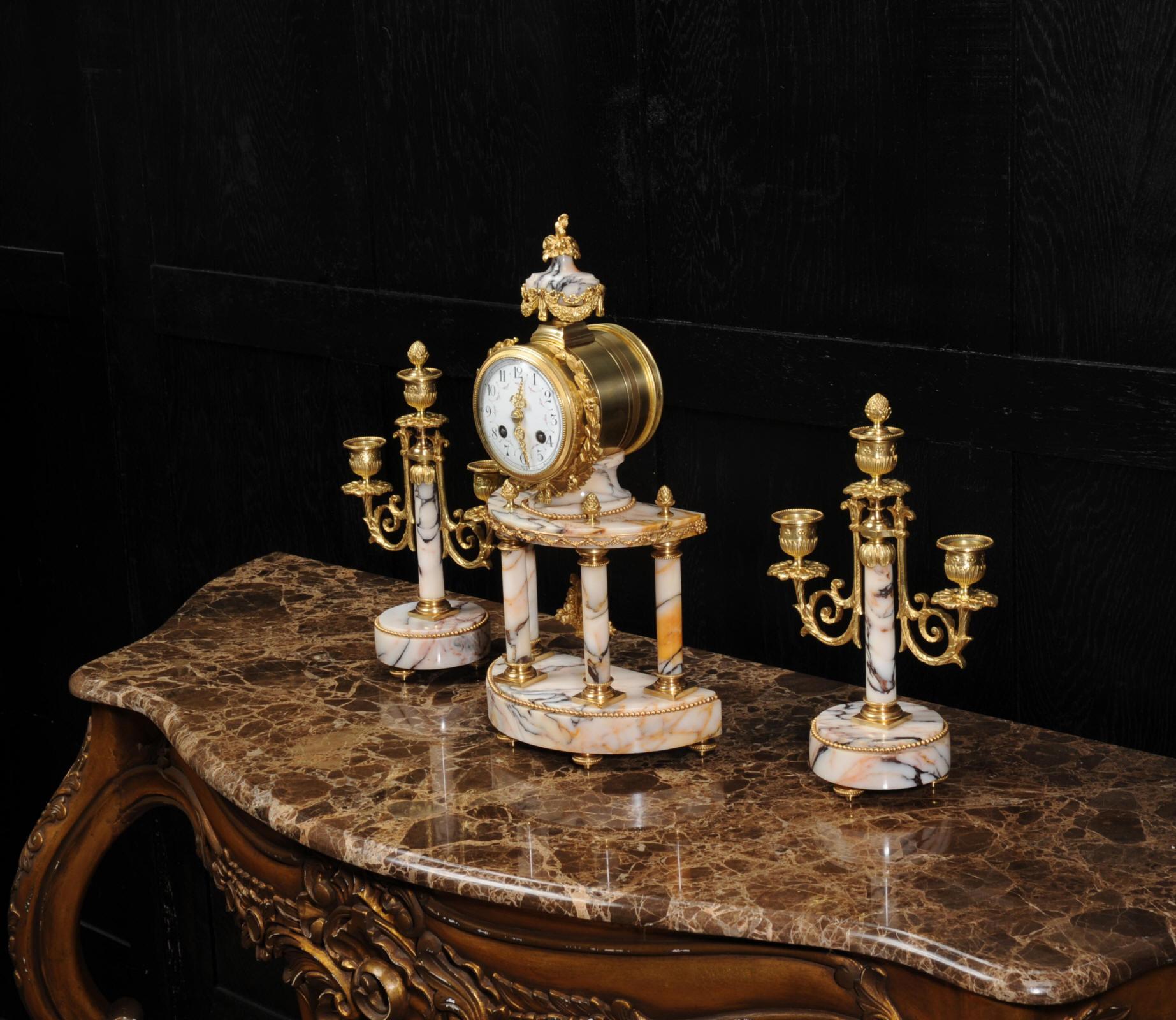 Louis Japy Ormolu and Marble Portico Antique French Clock Set 3