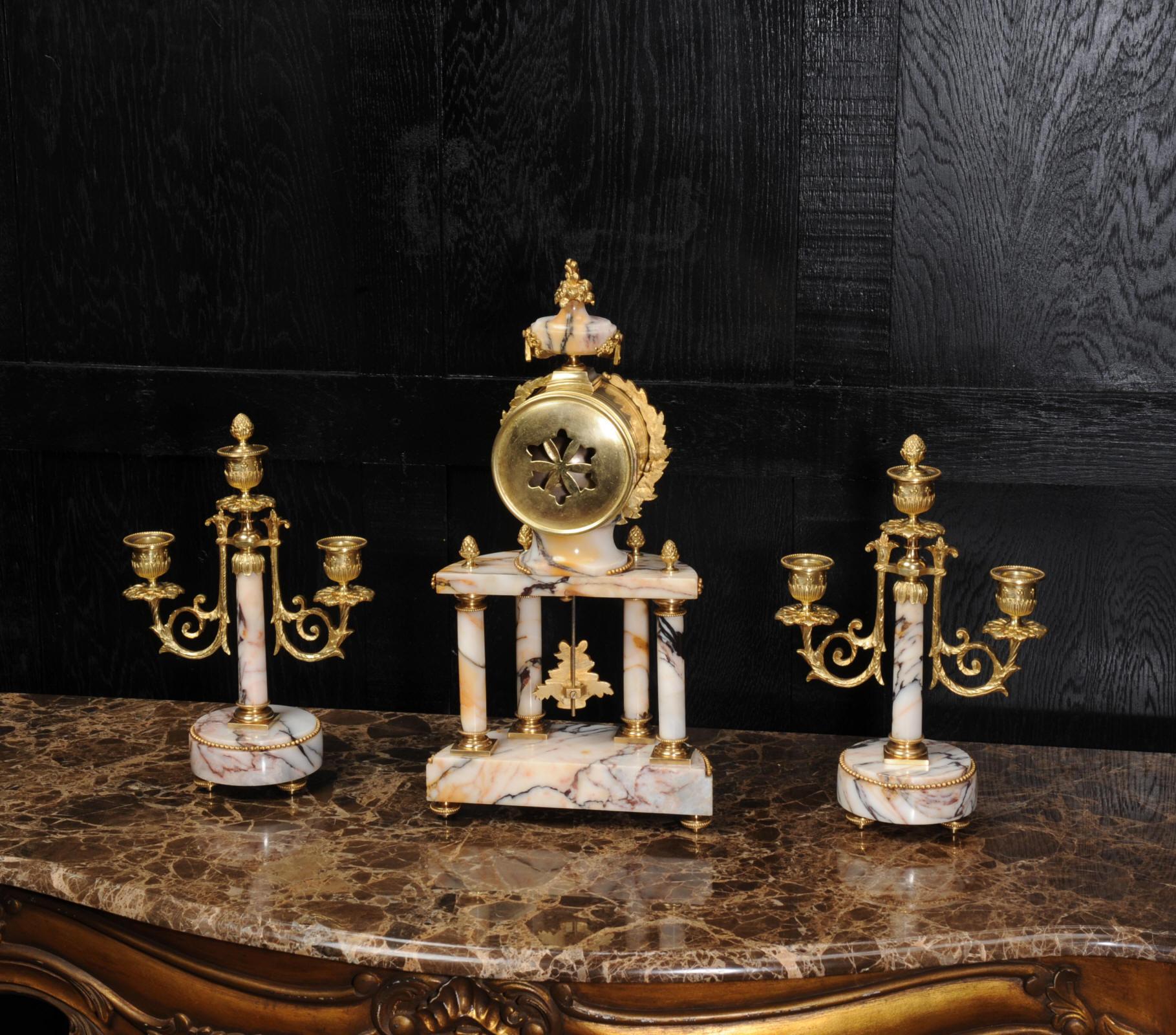 Louis Japy Ormolu and Marble Portico Antique French Clock Set 4