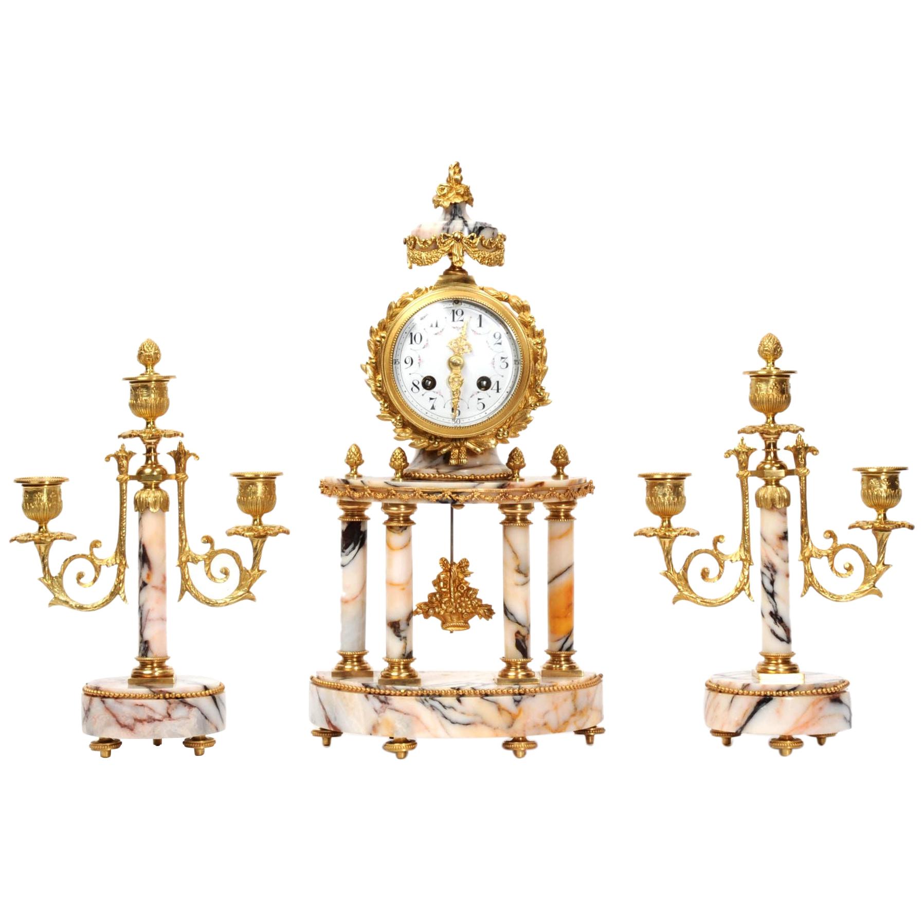 Louis Japy Ormolu and Marble Portico Antique French Clock Set