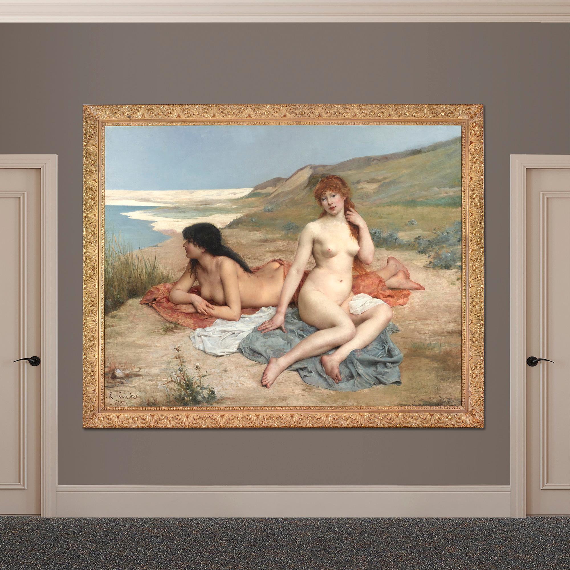 French Academic painter Louis-Joseph Courtat displays his mastery of composition and the female form in this entrancing oil on canvas. Entitled Baigneuses, the work was painted for and exhibited at the 1885 Paris Salon, the foremost exhibition of