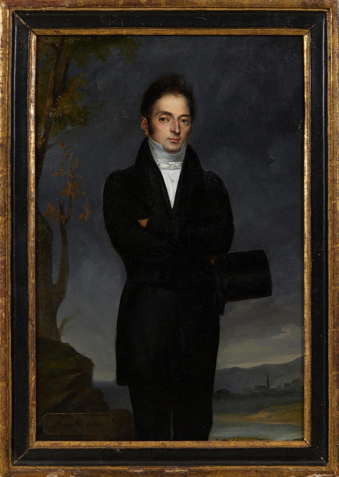 Portrait d'un gentleman coiffé d'un haut-de-forme, 19e siècle, artiste français - Painting de Louis Joseph FANELLI SEMAH