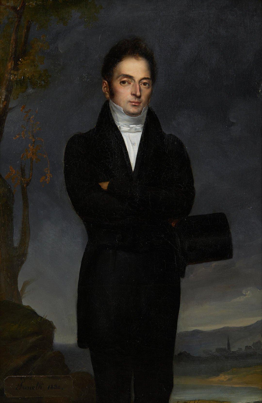 Figurative Painting Louis Joseph FANELLI SEMAH - Portrait d'un gentleman coiffé d'un haut-de-forme, 19e siècle, artiste français