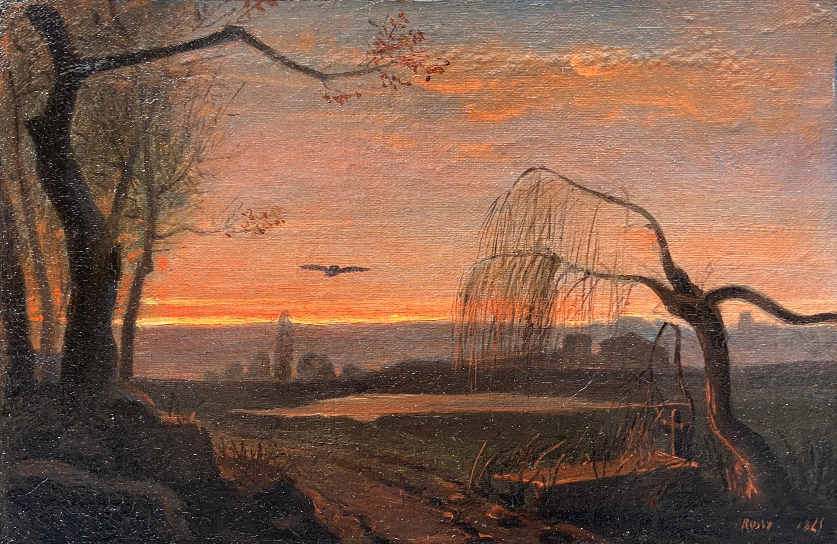 Landscape Painting Louis Joseph Rossy - Le hibou au crépuscule, peinture à l'huile française, datée de 1845