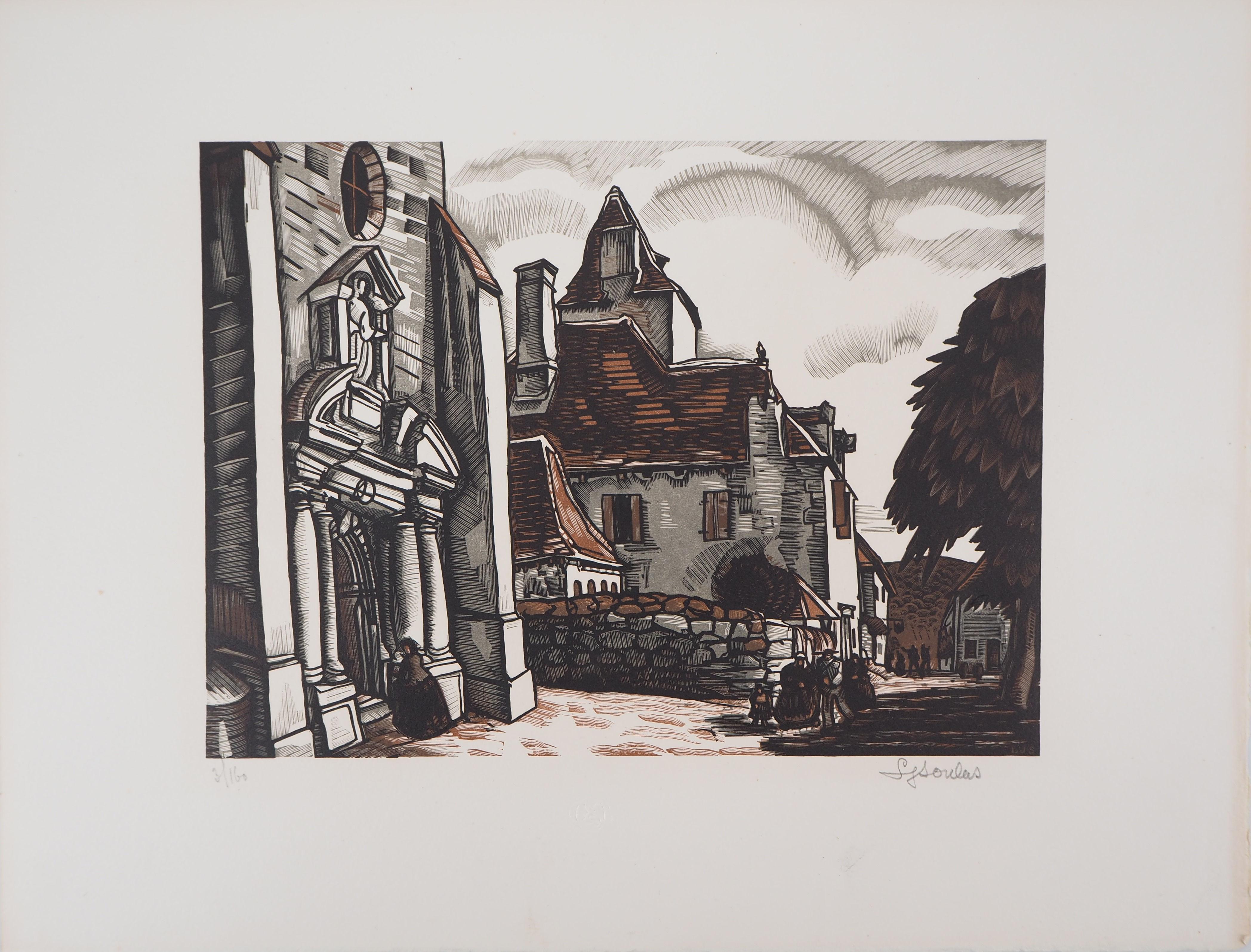 Iglesia romana cerca de Burdeos - Tallado original, Firmado a mano - Print de Louis Joseph Soulas