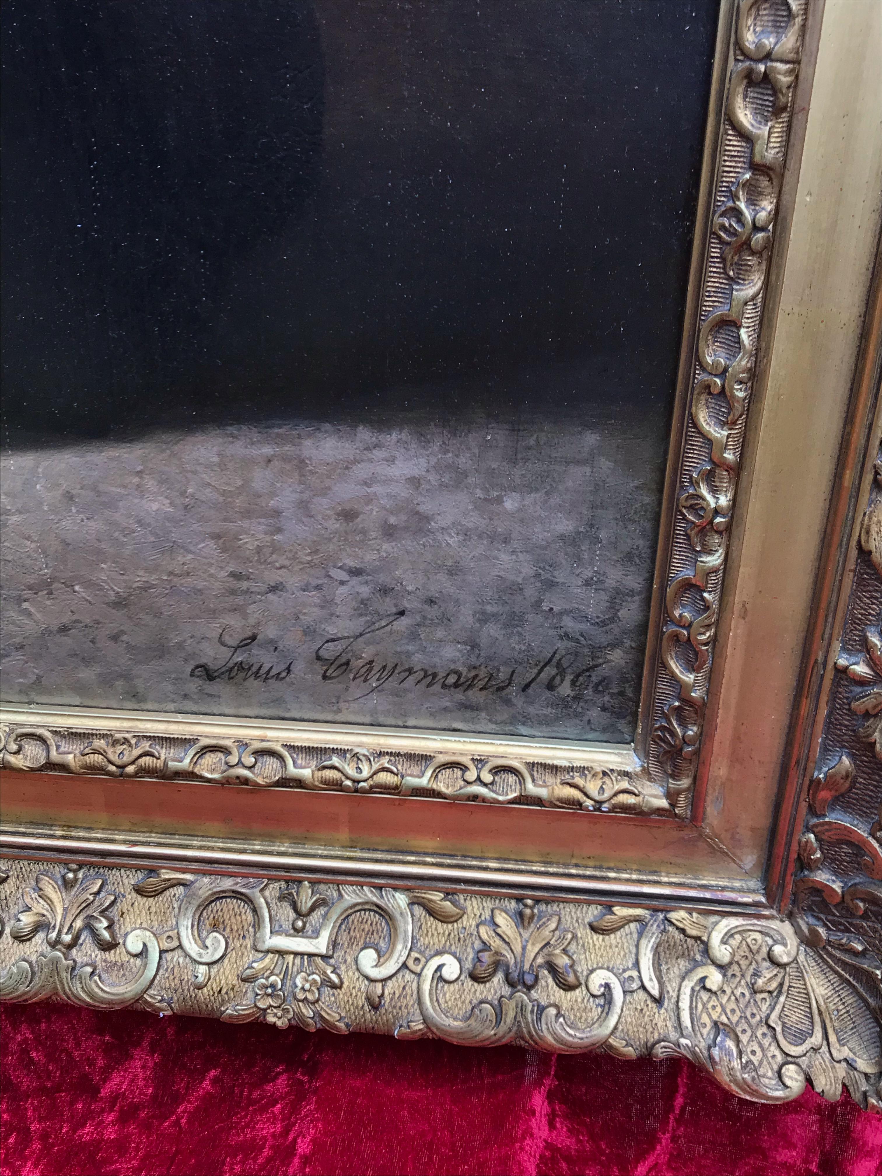 TAYMANS Louis Joseph Taymans (1826-1877)
Lezione di disegno nel parco
Olio su tela firmato in basso a destra e datato 1860
Vecchia cornice dorata con foglie
Dimensioni della tela: 81 X 65 cm
Dimensioni della cornice: 100 X 86 cm

TAYMANS Louis