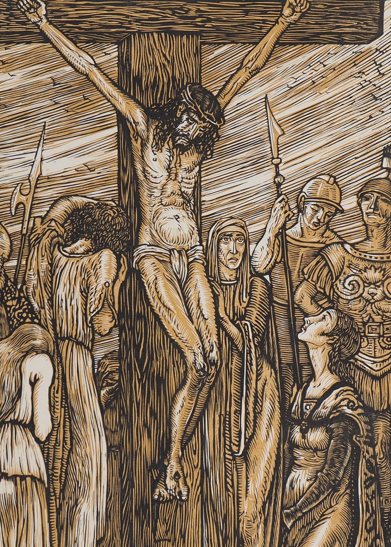 Kreuzigung (Stabat Mater) - Original Holzschnitt, handsigniert & nummeriert (Beige), Figurative Print, von Louis JOU 