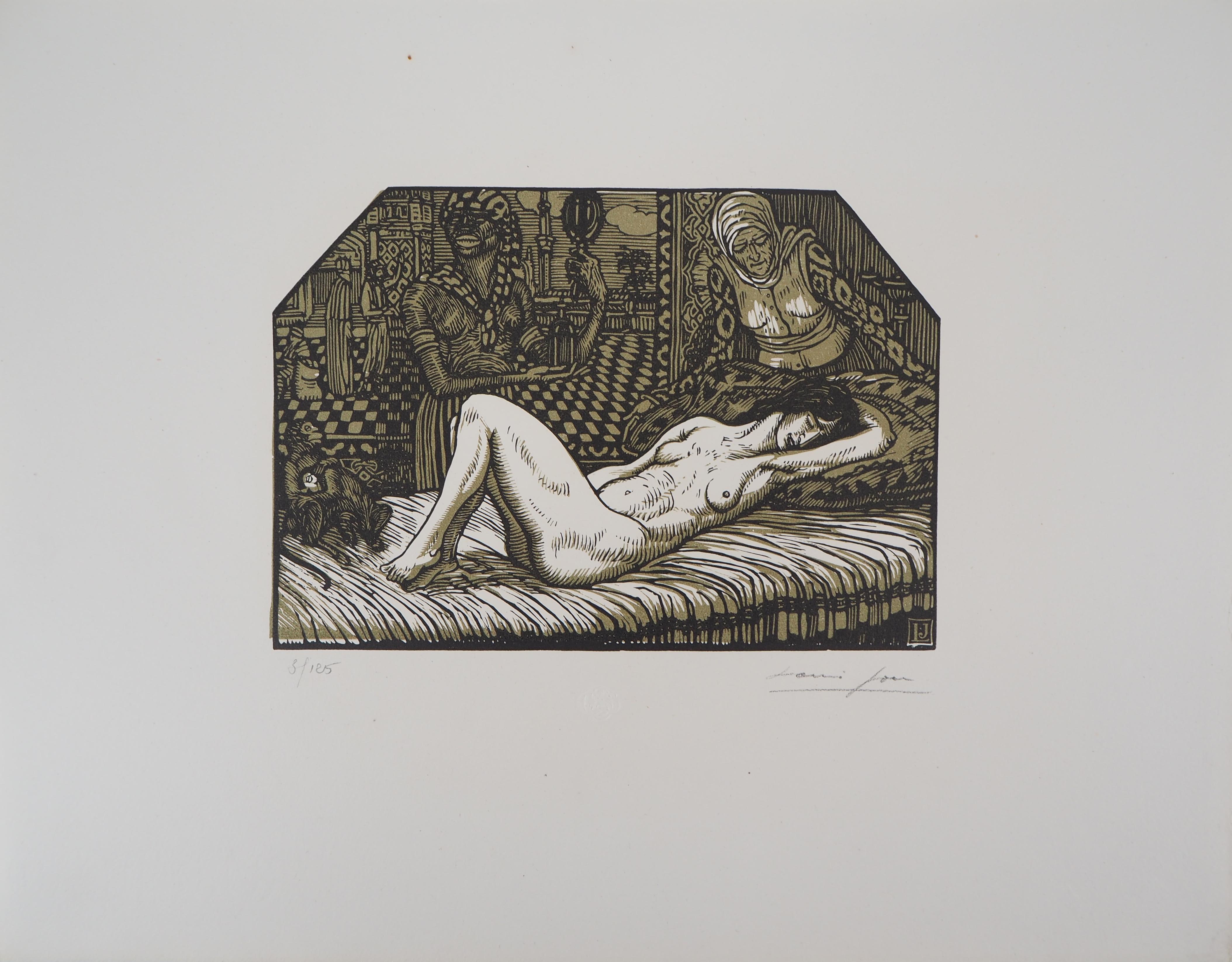 Mitologia: Dana addormentata - Incisione originale su legno, firmata e numerata con la mano - Print Moderno di Louis JOU 