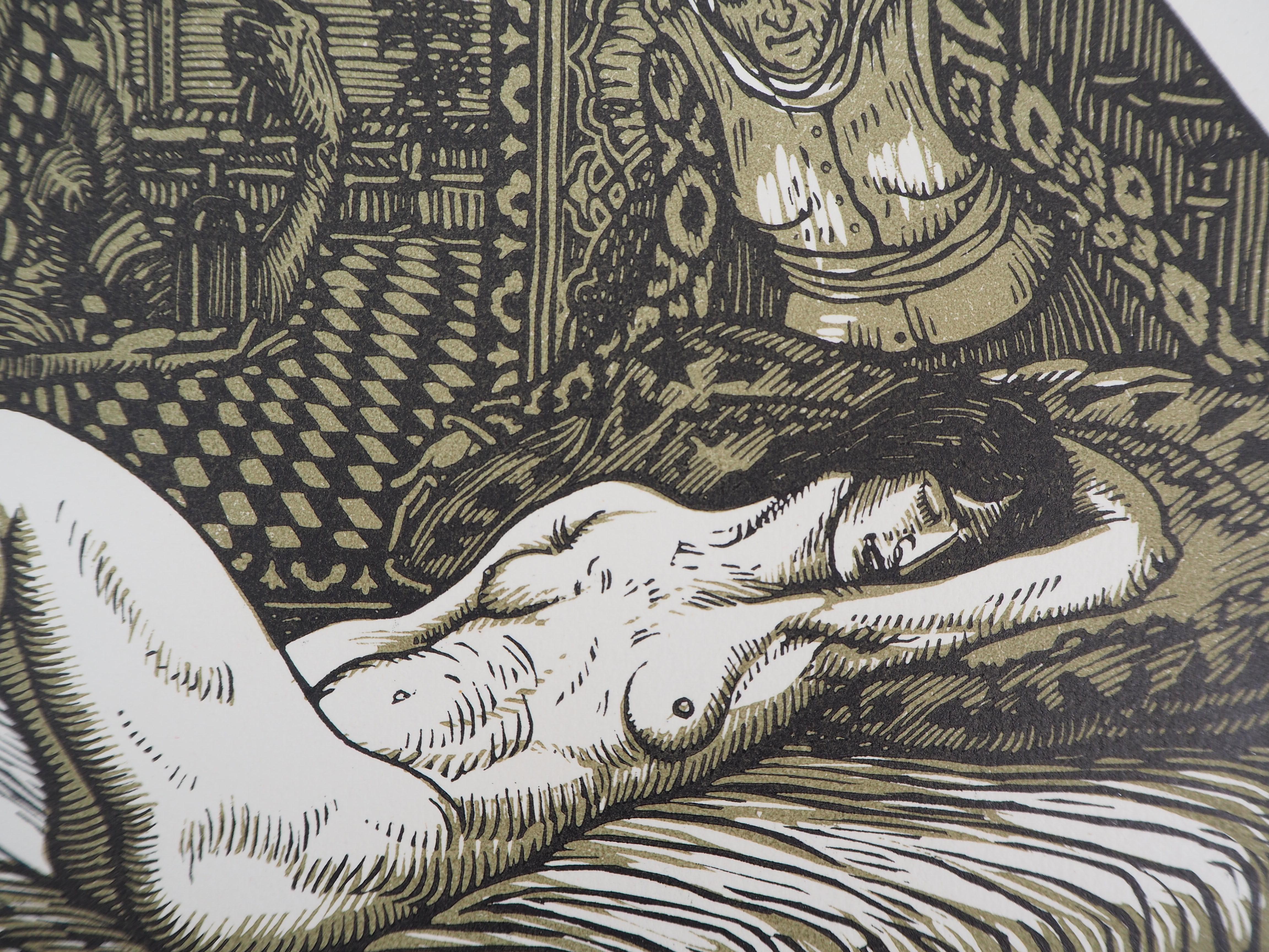 Mitologia: Dana addormentata - Incisione originale su legno, firmata e numerata con la mano - Landscape Print Grigio di Louis JOU 