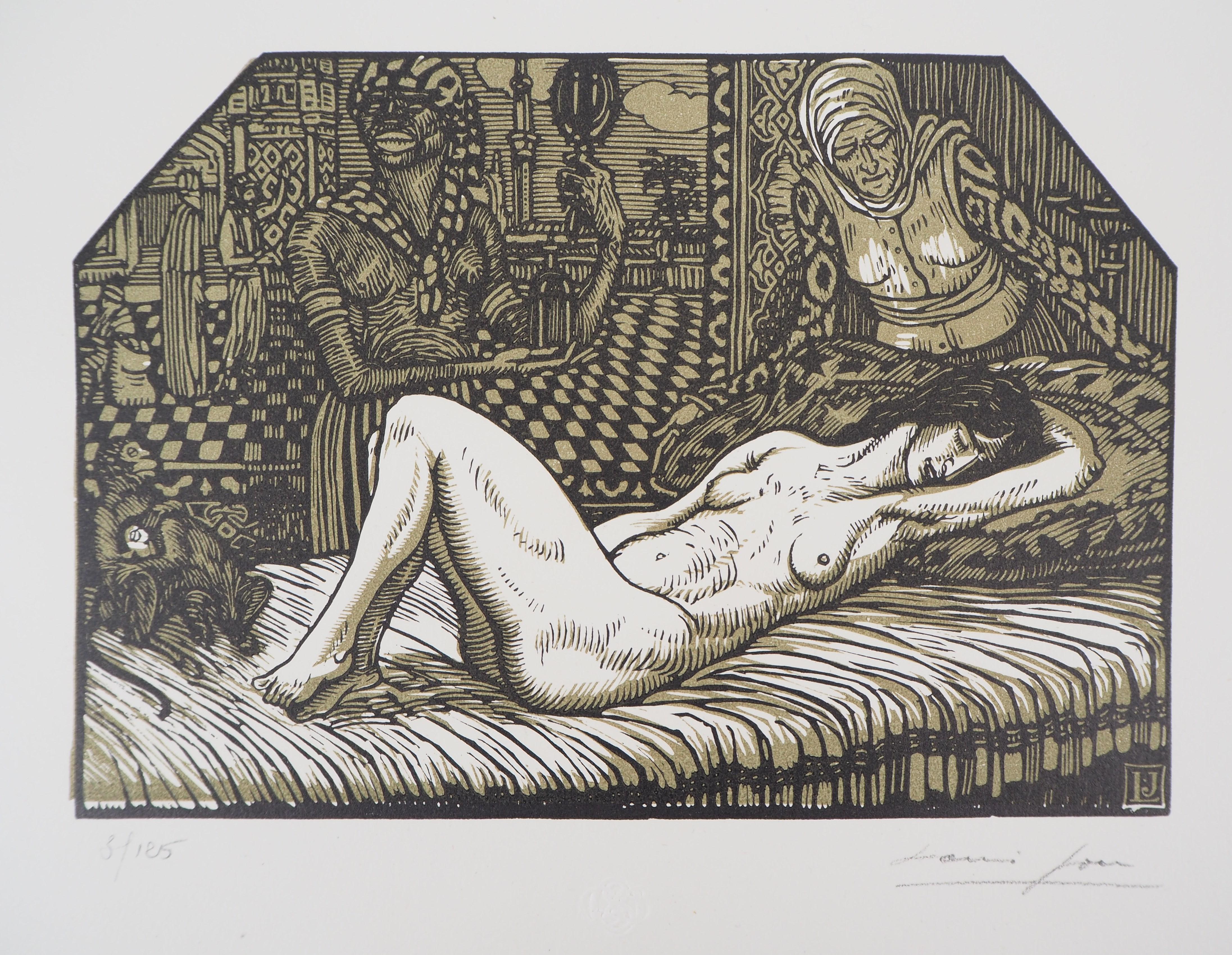 Landscape Print di Louis JOU  - Mitologia: Dana addormentata - Incisione originale su legno, firmata e numerata con la mano
