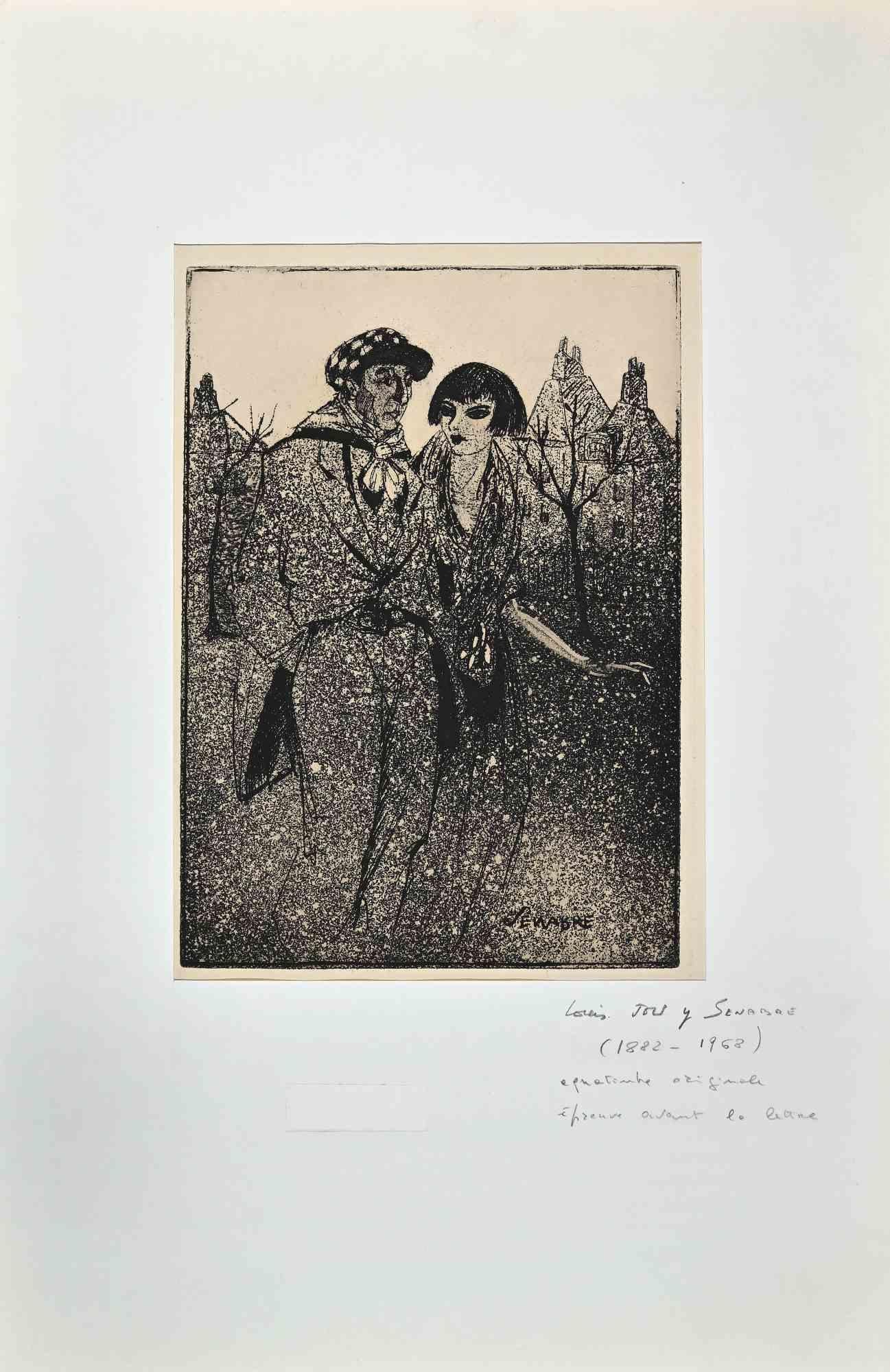 Couple - Original Etching by Louis Jou - Early 20th Century For Sale 1