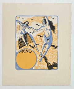 Antique Menu pour les Femmes Bibliophiles - Original Woodcut  by Louis Jou - 1915
