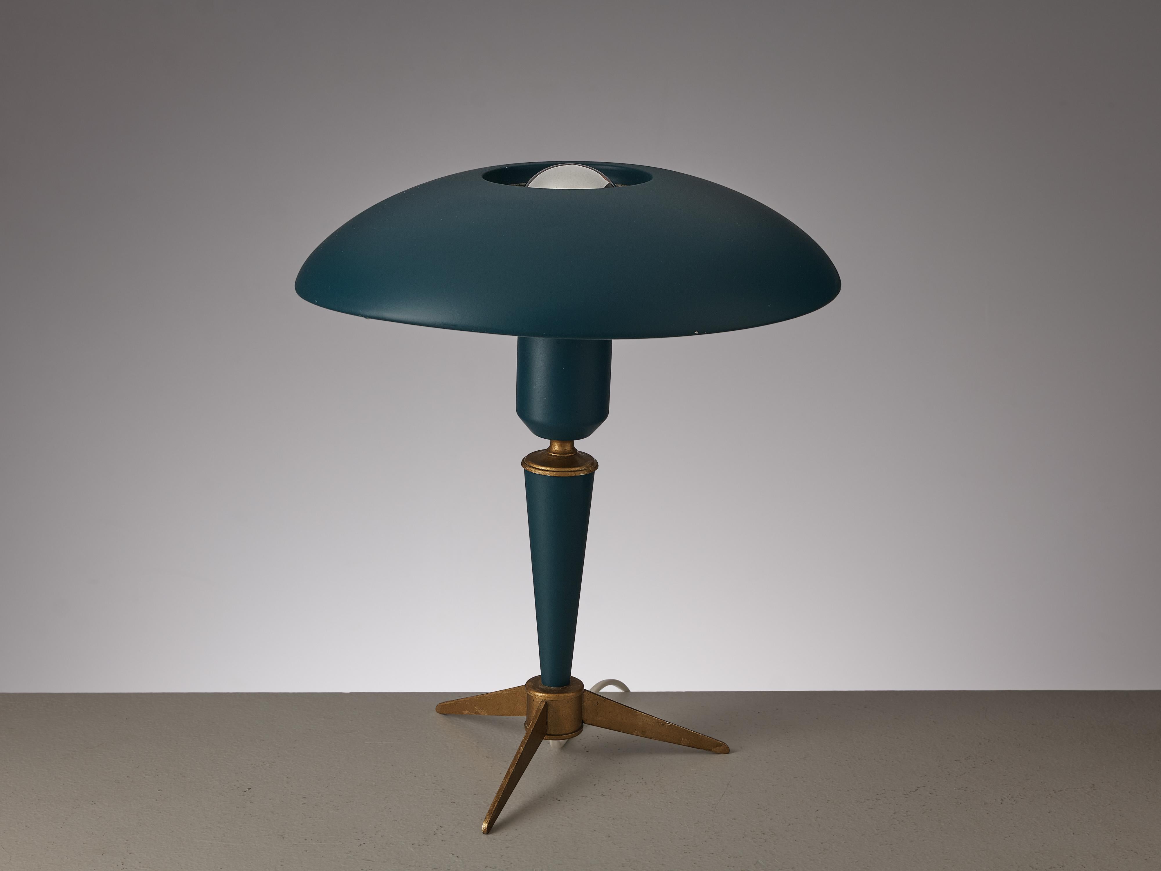 Dutch Louis Kalff for Philips ‘Bijou’ Table Lamp in Blue Metal and Brass