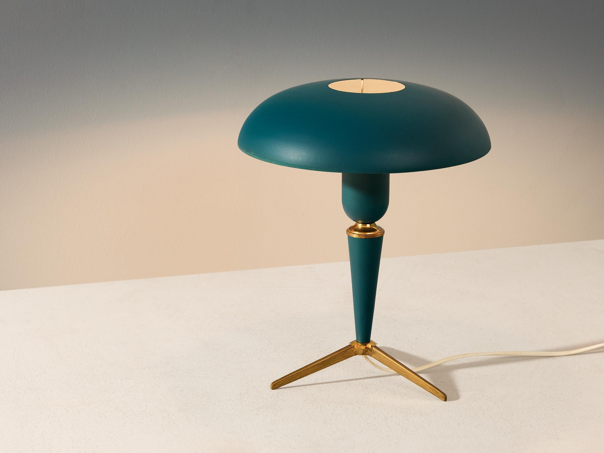 Belgian Louis Kalff for Philips ‘Bijou’ Table Lamp in Blue Metal and Brass