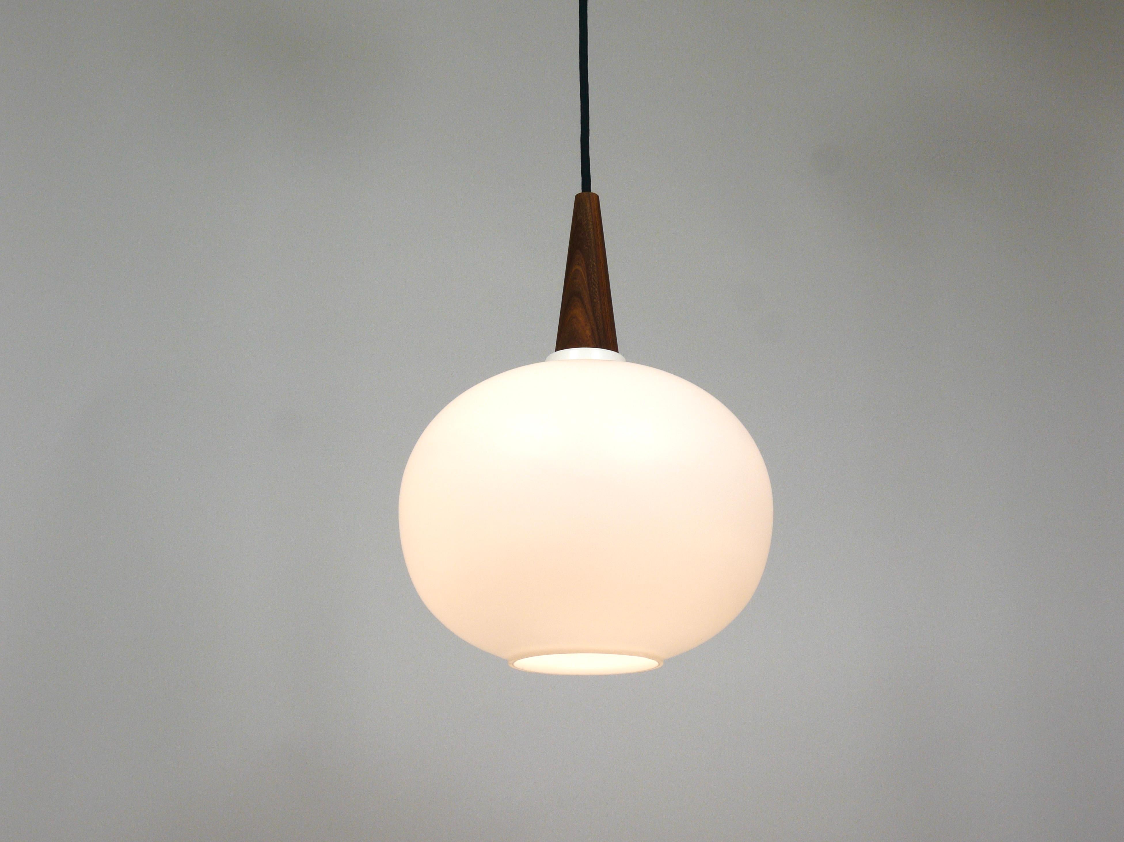 Louis Kalff Teak & Opaline Pendant Suspension Lamp, Philips, Netherlands For Sale 4