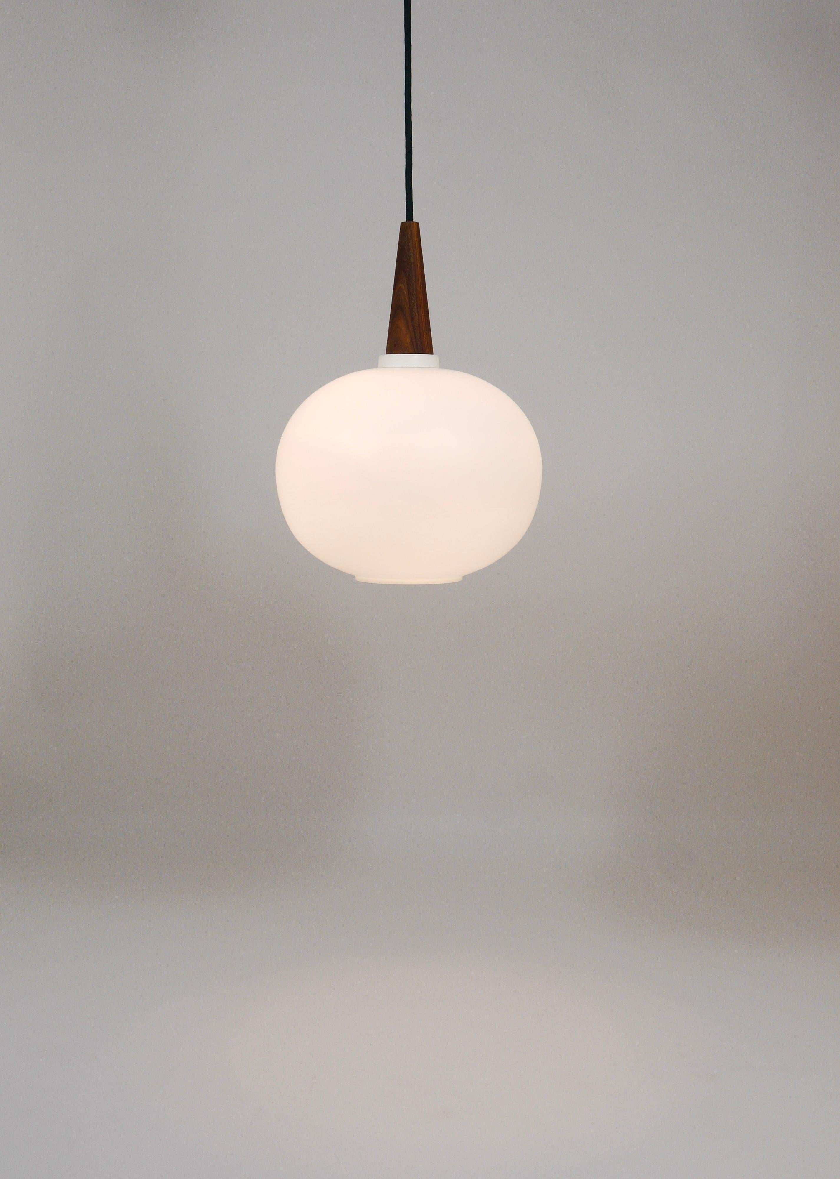Louis Kalff Teak & Opaline Pendant Suspension Lamp, Philips, Netherlands For Sale 6