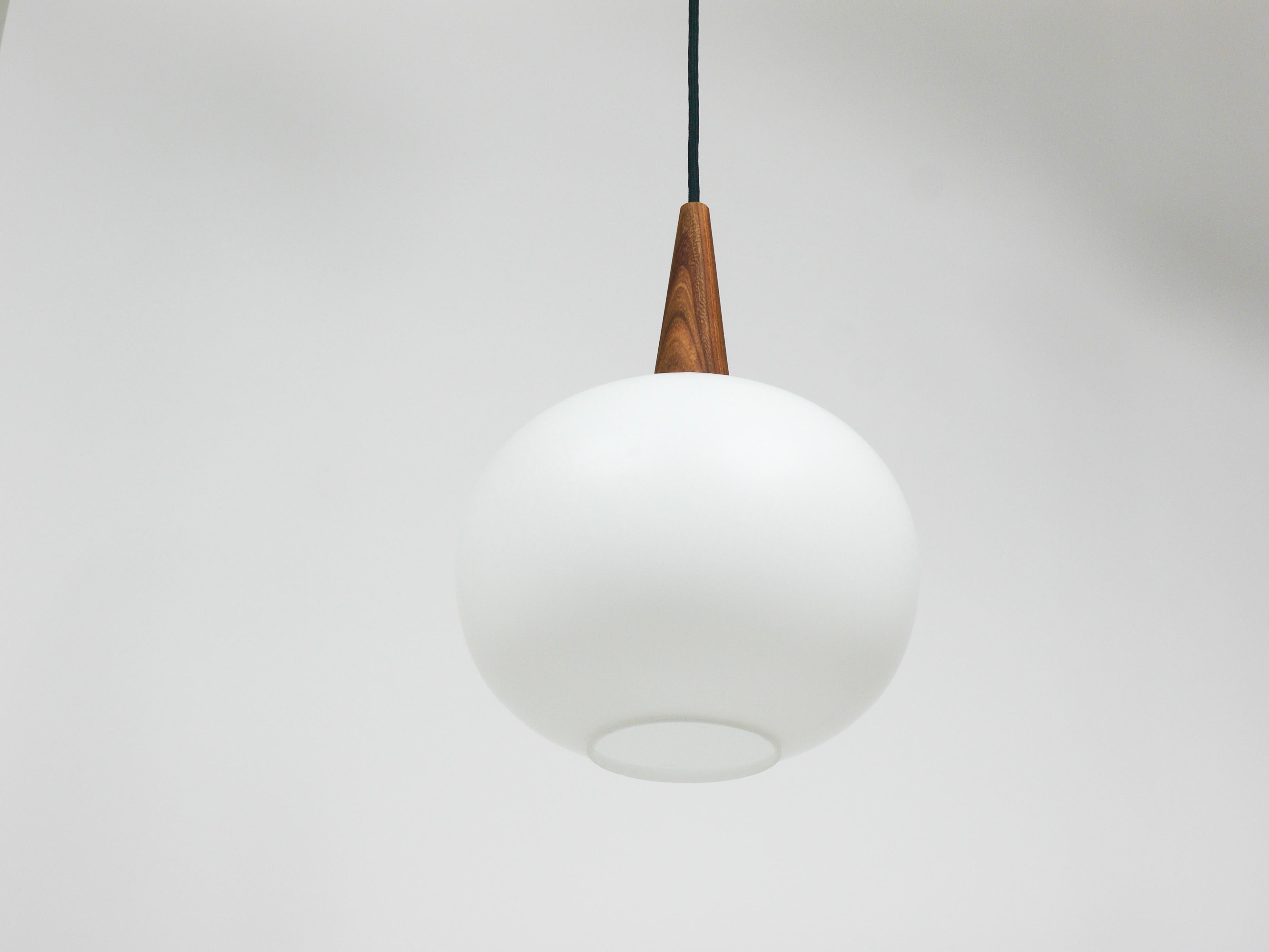 Mid-Century Modern Louis Kalff Teak & Opaline Pendant Suspension Lamp, Philips, Netherlands For Sale