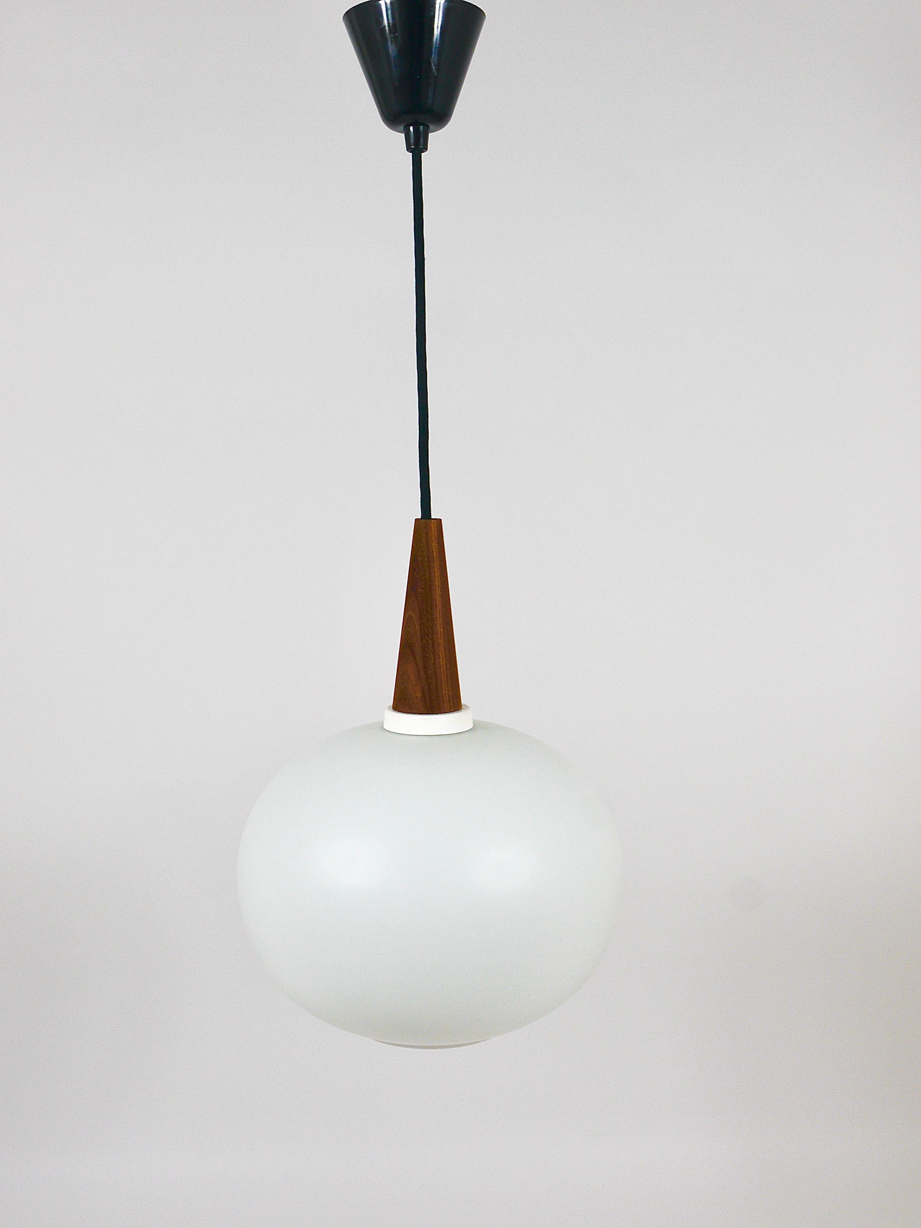 Dutch Louis Kalff Teak & Opaline Pendant Suspension Lamp, Philips, Netherlands For Sale