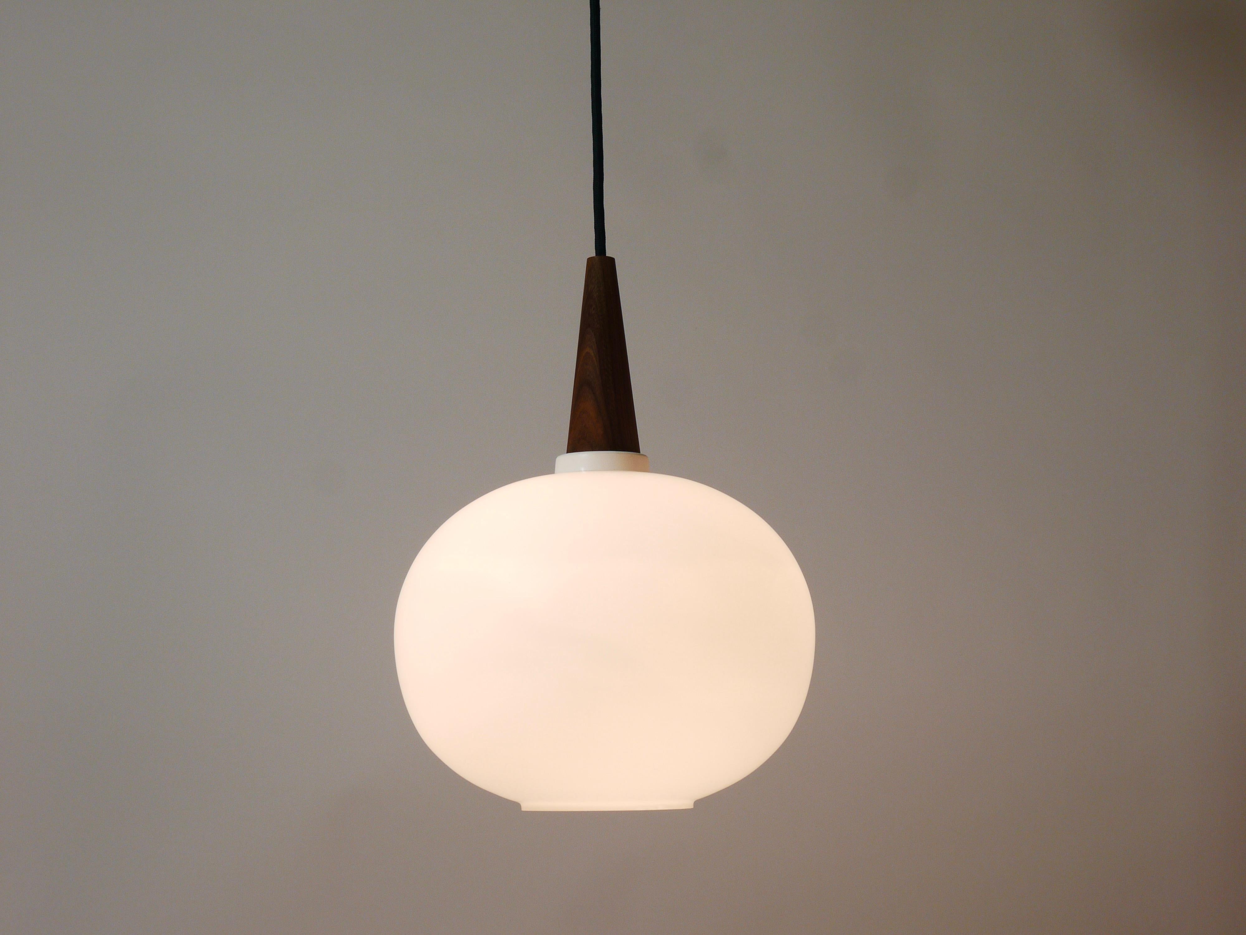 Frosted Louis Kalff Teak & Opaline Pendant Suspension Lamp, Philips, Netherlands For Sale