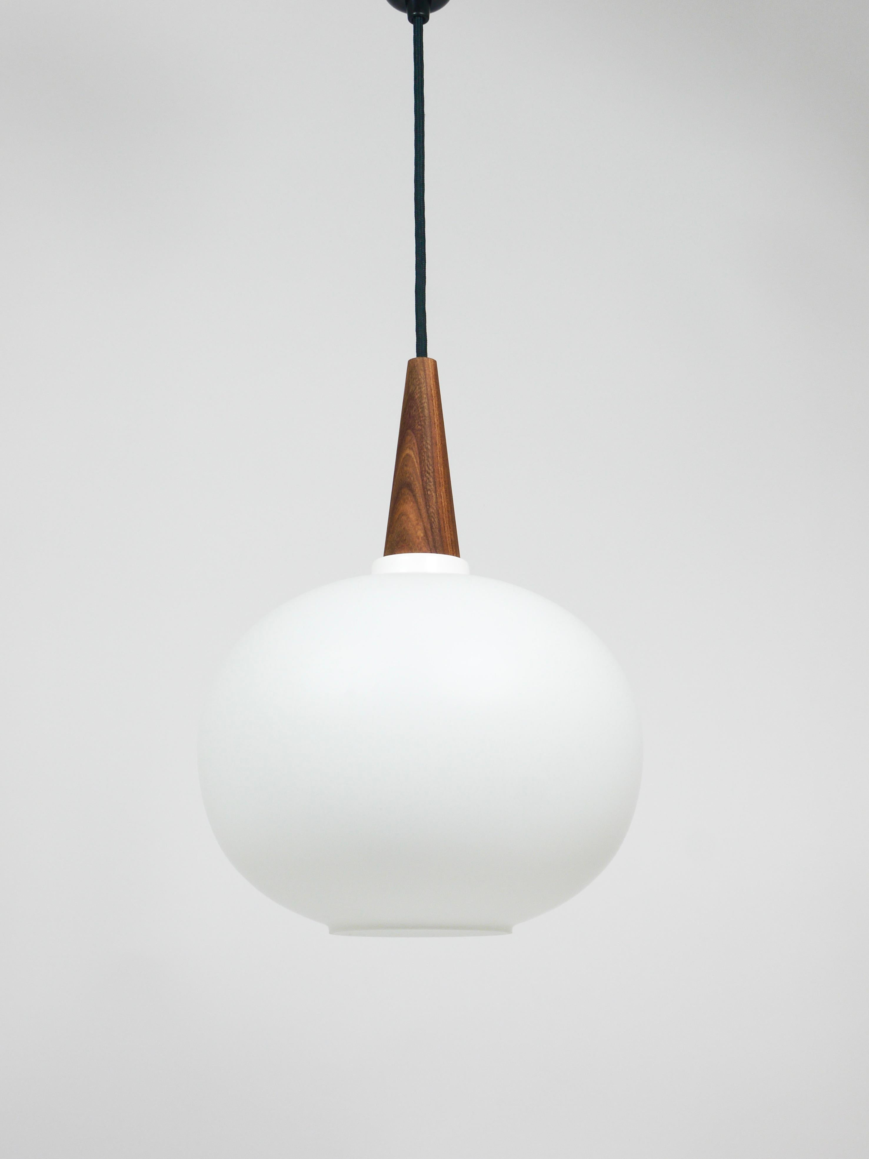 Glass Louis Kalff Teak & Opaline Pendant Suspension Lamp, Philips, Netherlands For Sale
