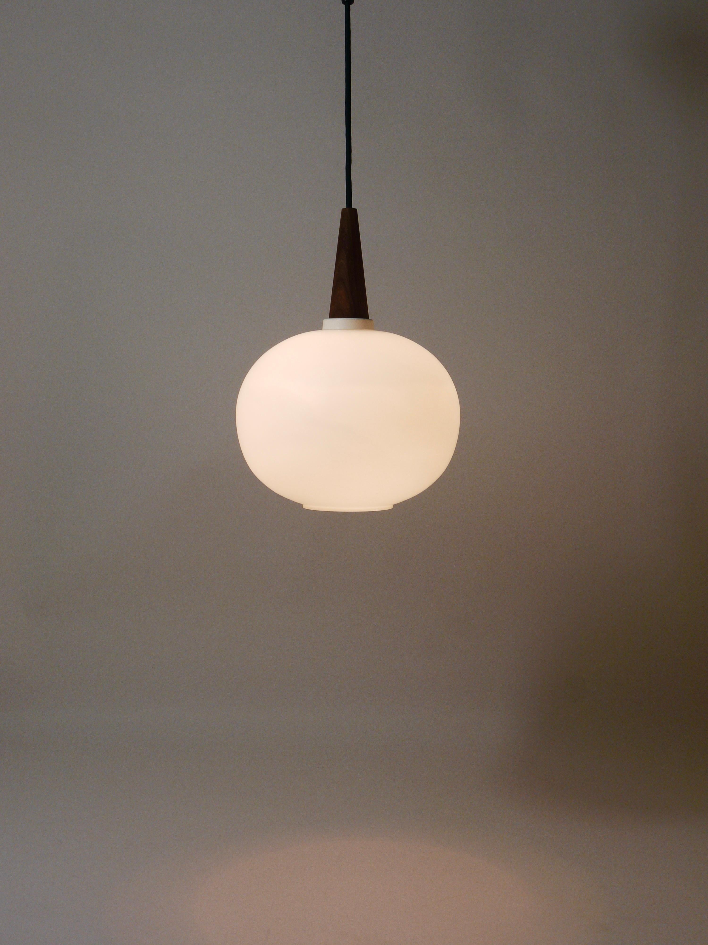 Louis Kalff Teak & Opaline Pendant Suspension Lamp, Philips, Netherlands For Sale 1