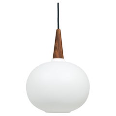 Retro Louis Kalff Teak & Opaline Pendant Suspension Lamp, Philips, Netherlands