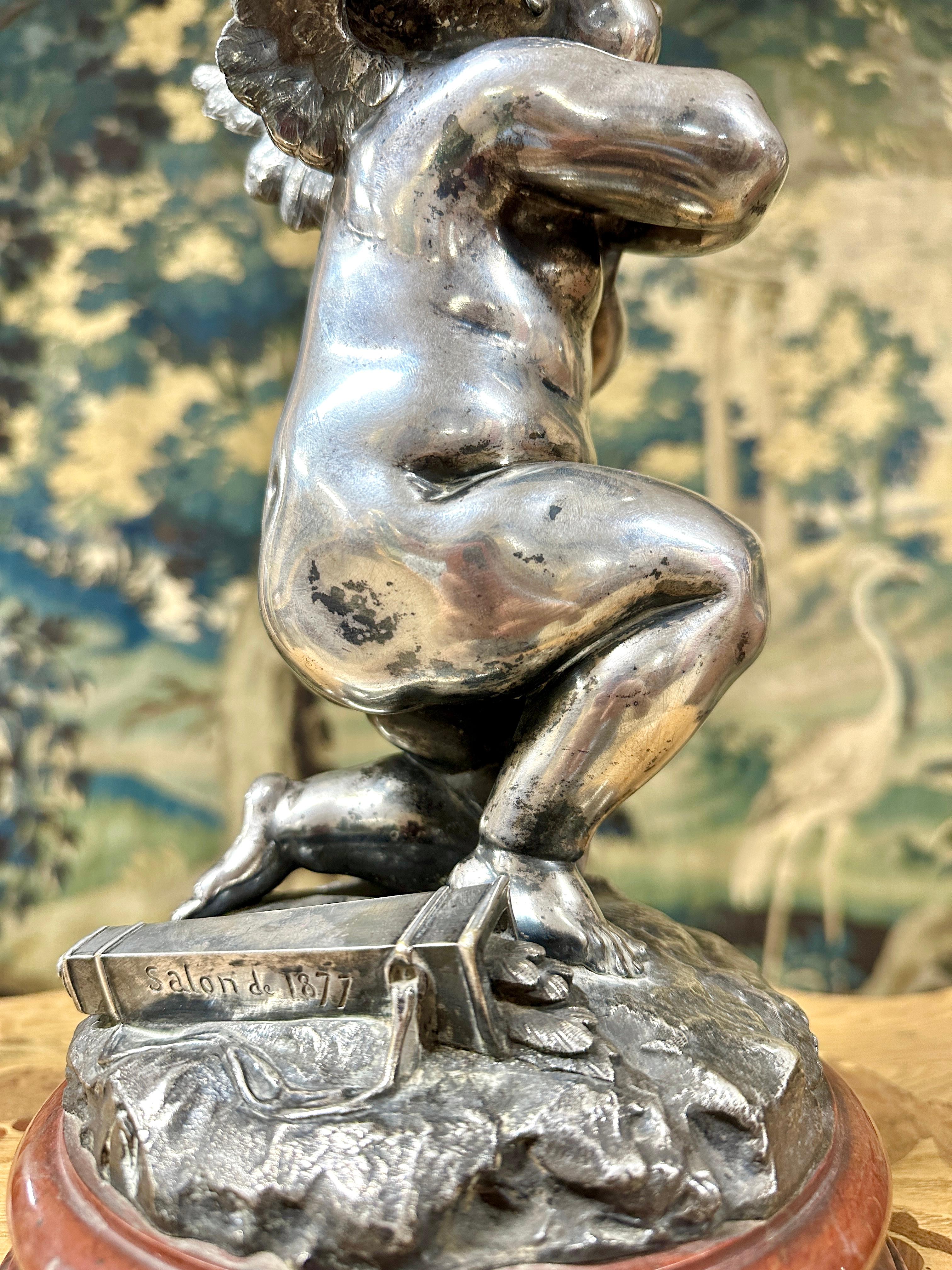 Napoléon III Louis Kley - Bronze avec Cupidon à patine Silver daté de 1877 en vente