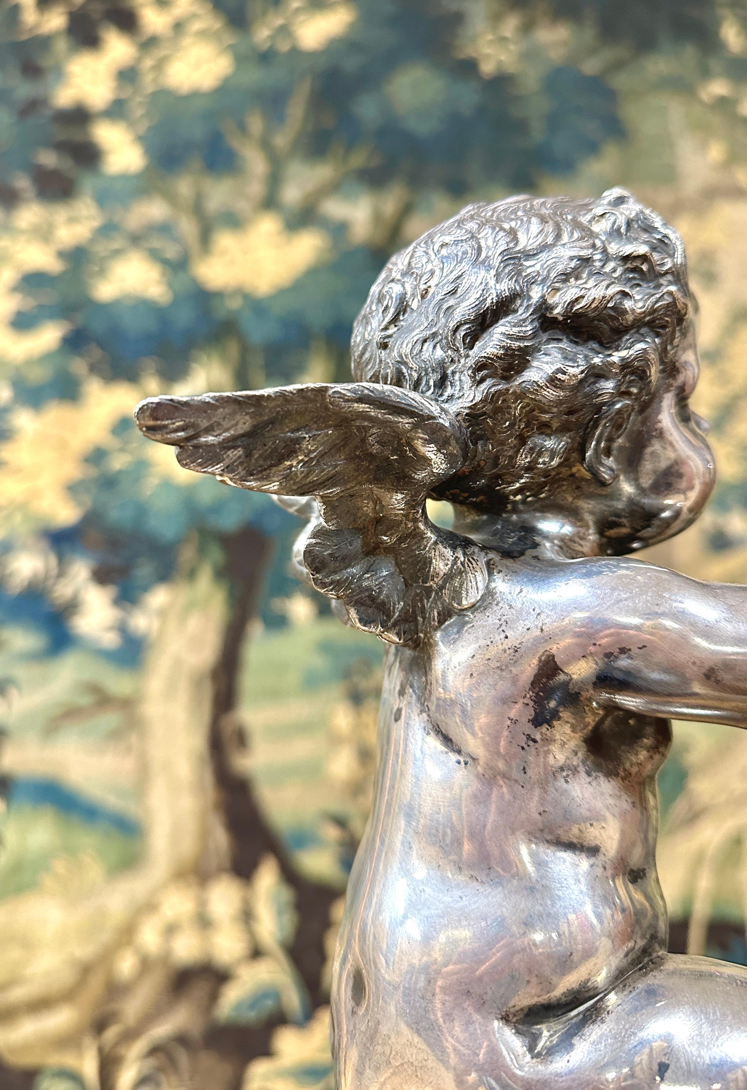 Argenté Louis Kley - Bronze avec Cupidon à patine Silver daté de 1877 en vente