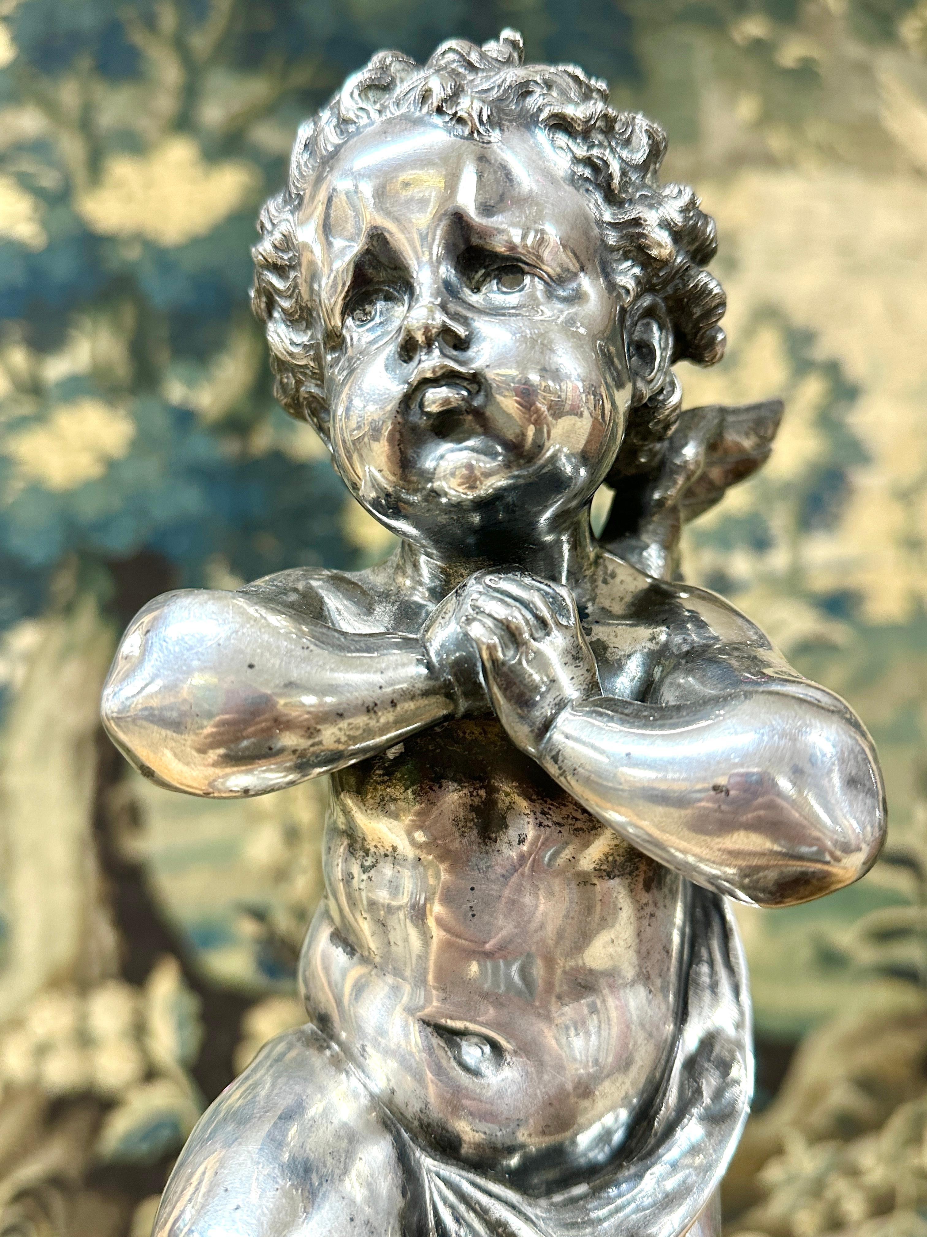 19th Century Louis Kley - Bronze With Cupid With Silver Patina Dated 1877 For Sale