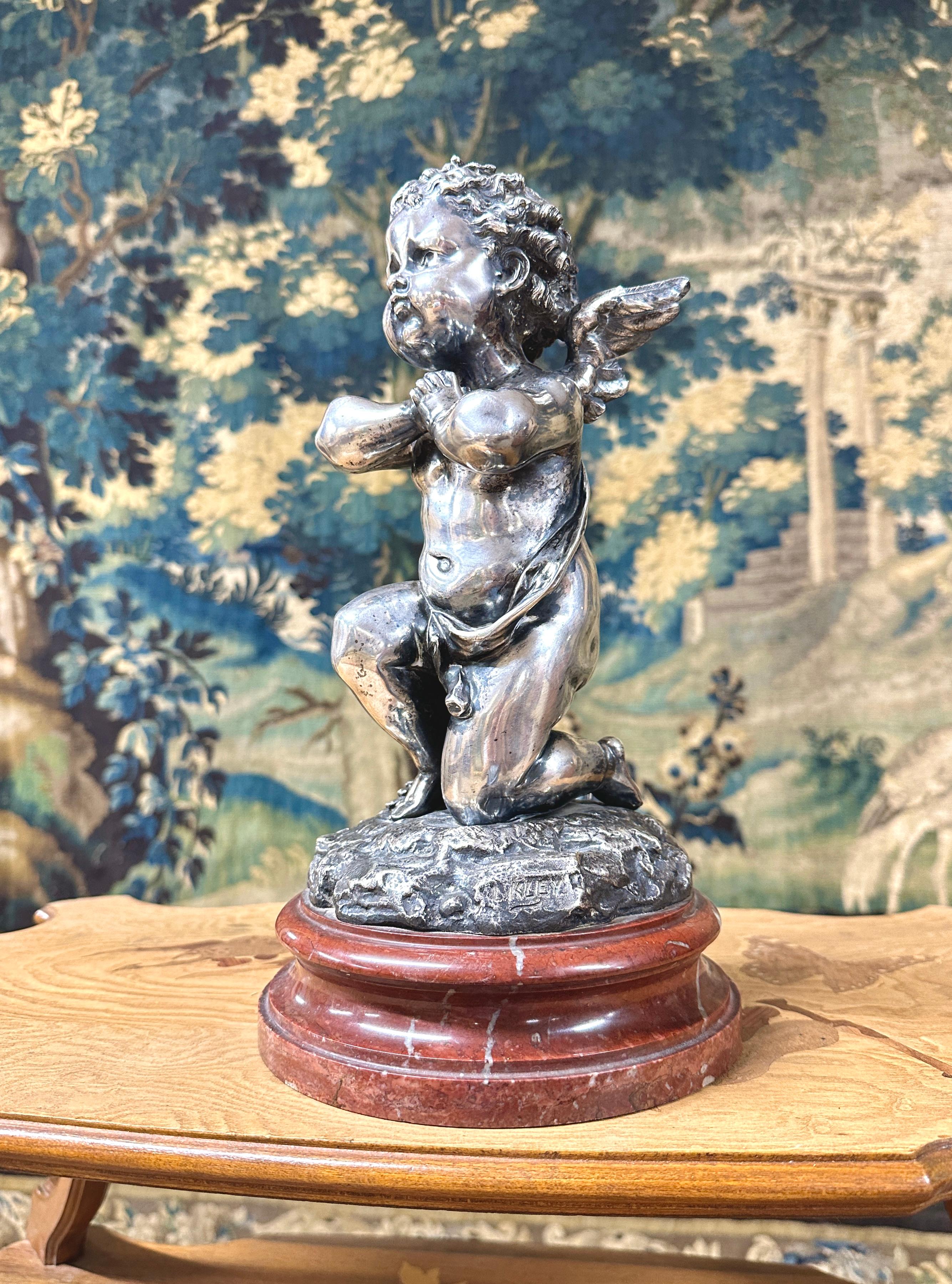19th Century Louis Kley - Bronze With Cupid With Silver Patina Dated 1877 For Sale