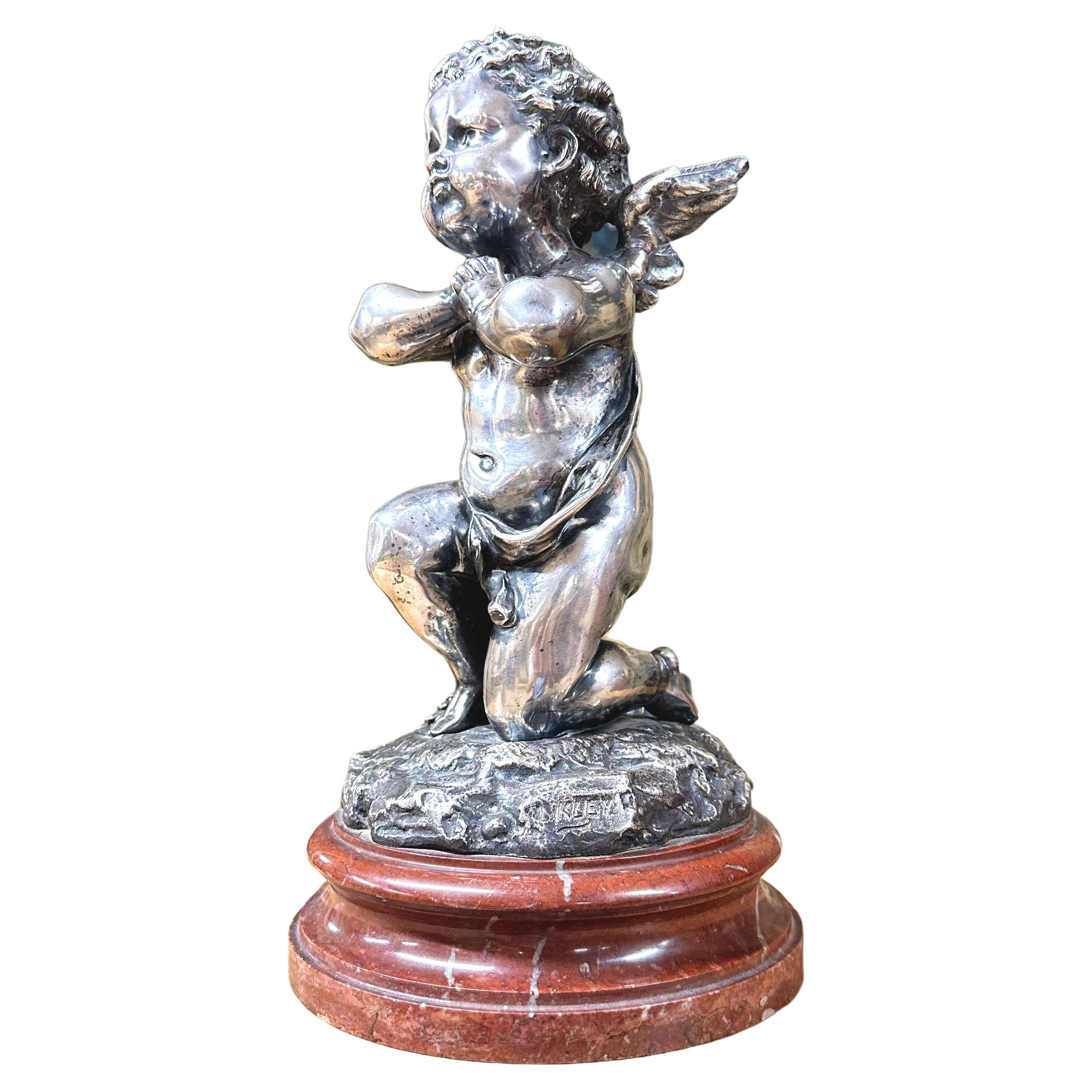 Louis Kley - Bronze With Cupid With Silver Patina Dated 1877 For Sale