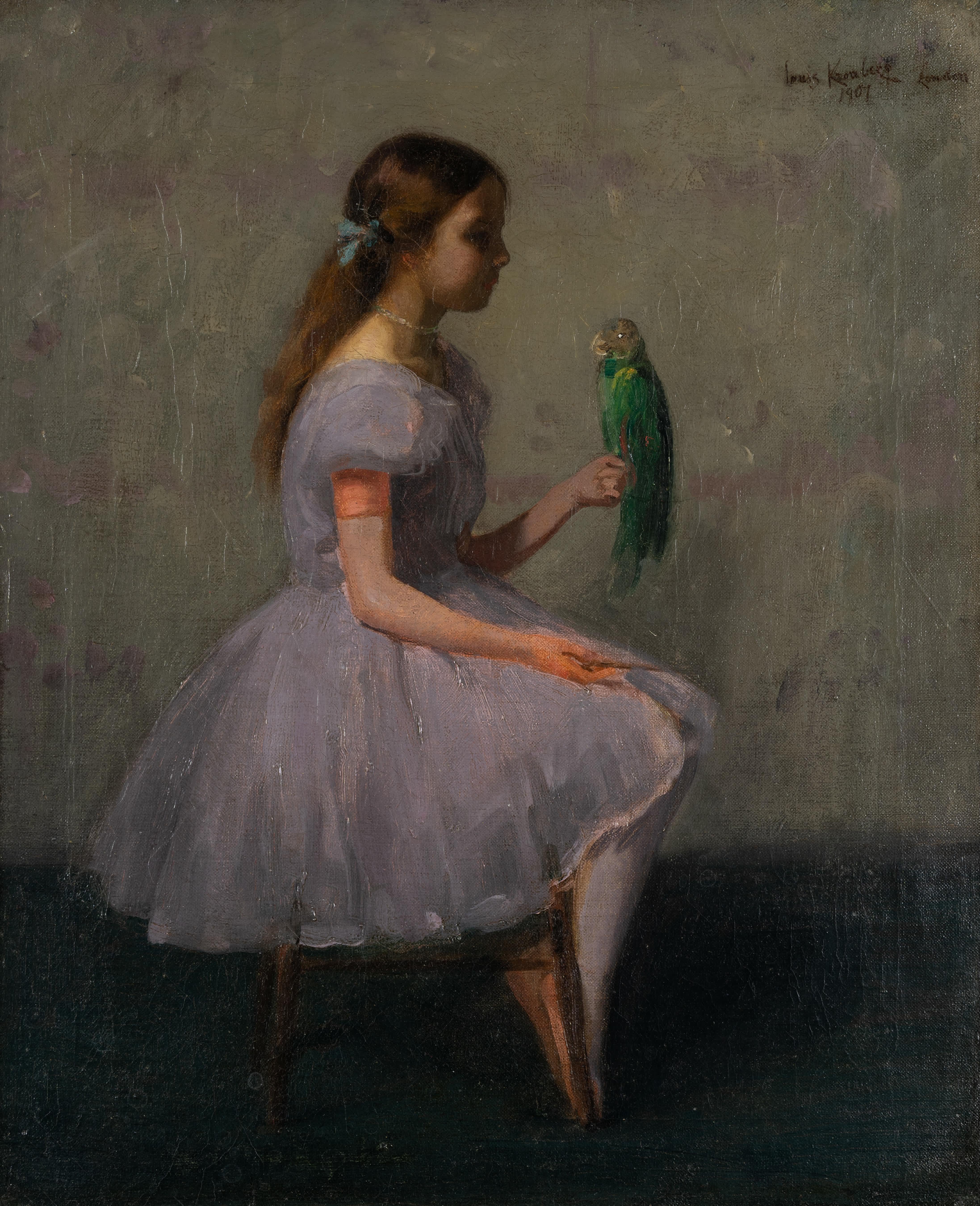 Mädchen mit einem grünen Papagei – Painting von Louis Kronberg