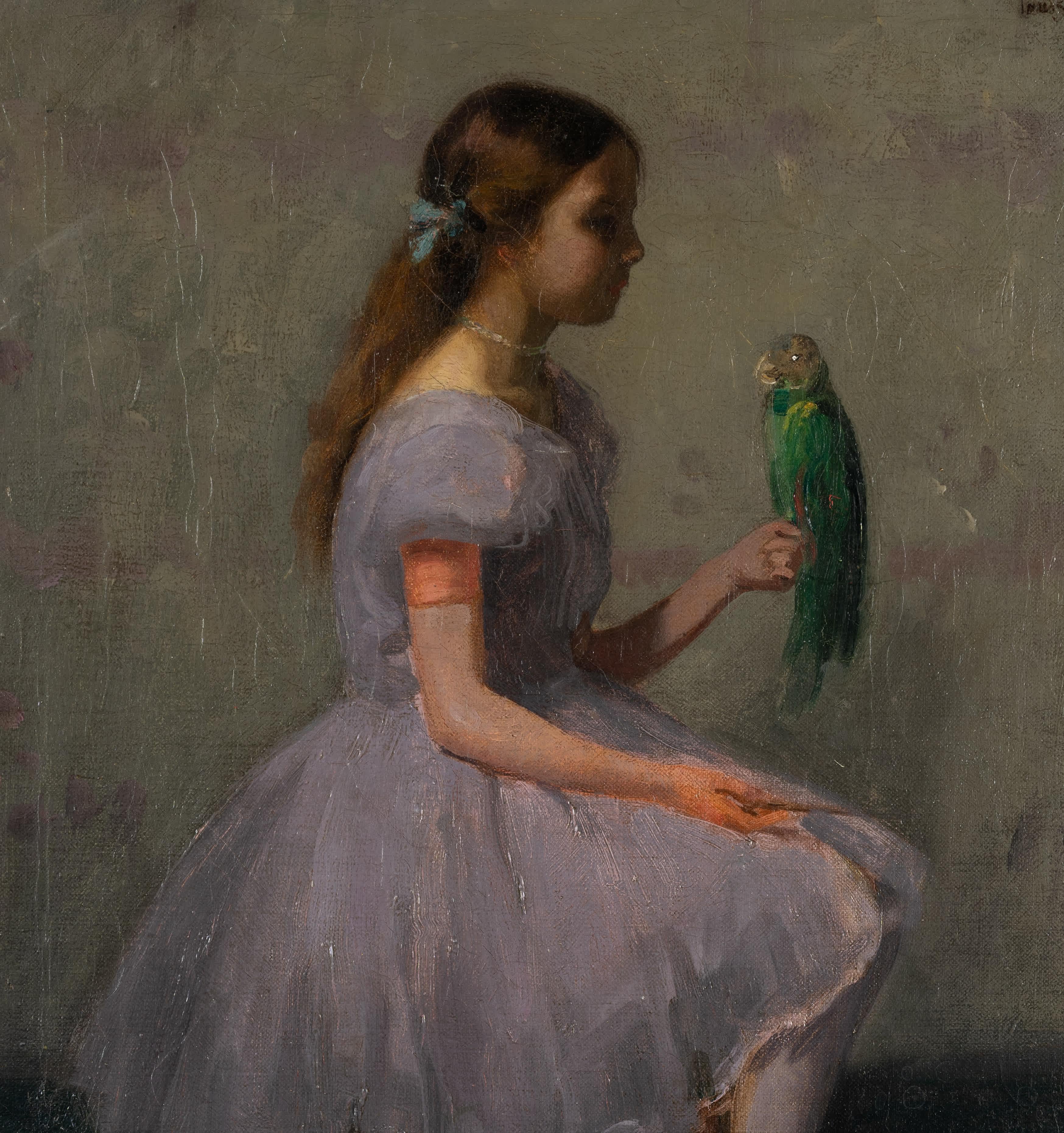 Ragazza con pappagallo Greene & Greene - Painting Impressionismo americano di Louis Kronberg