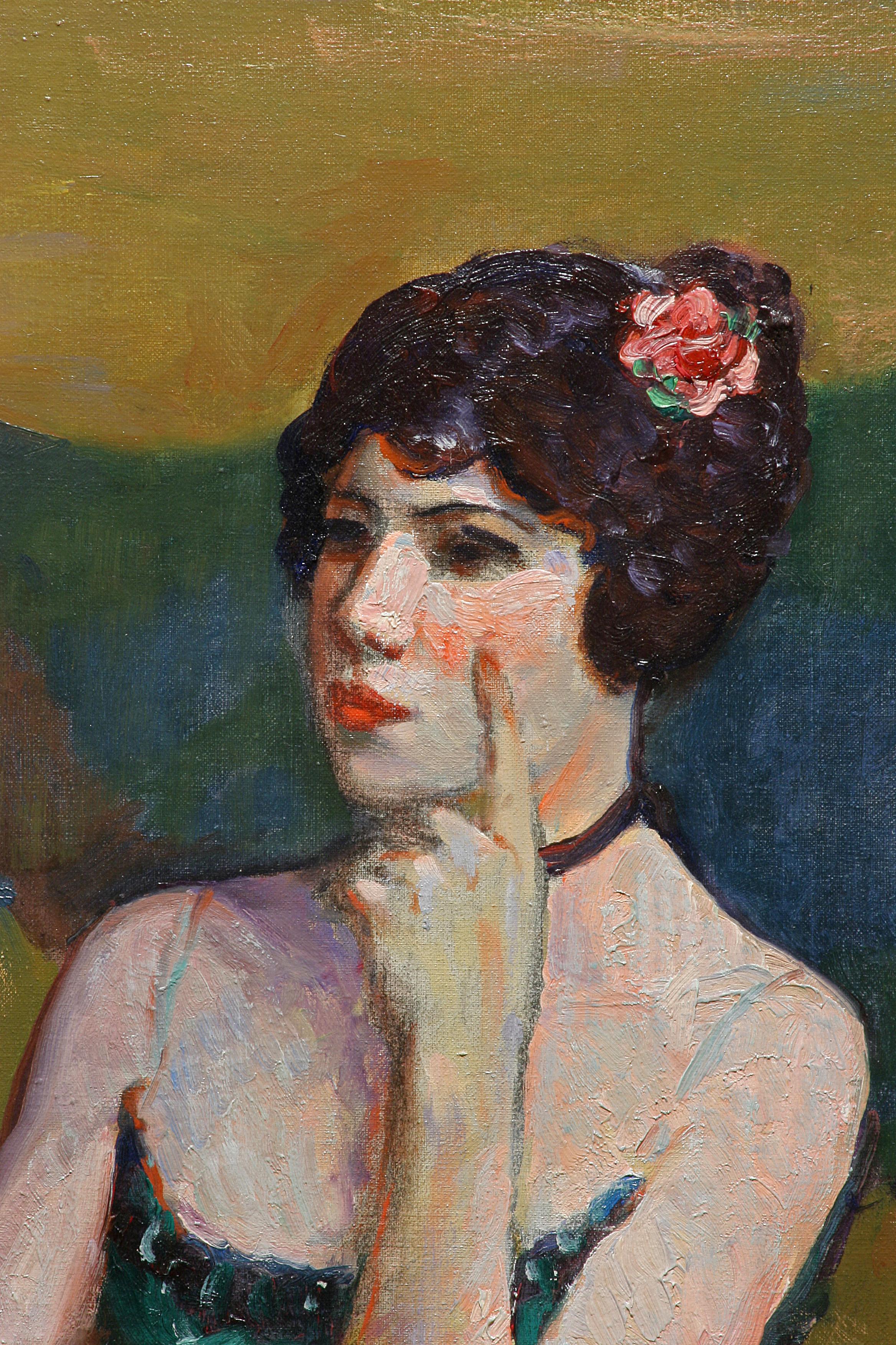 Known as the Painter of Dancers, Louis Kronberg was a prolific painter who was renowned for his oil and pastel portraits of ballet and Spanish flamenco dancers.  This particular piece is a bit larger than usual and features a dark haired ballerina