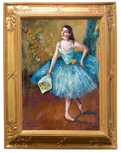 Antique Impressionist Dancer on Canvas, "Curtain Call" Ballerina in Blue