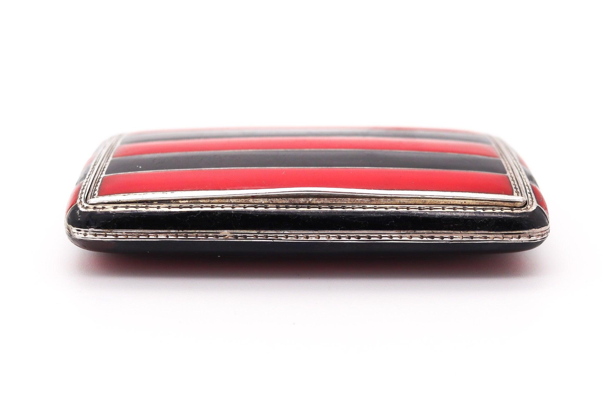 Art Deco LOUIS KUPPENHEIM 1925 Pforzheim Red & Black Enameled Box In .935 Sterling Silver