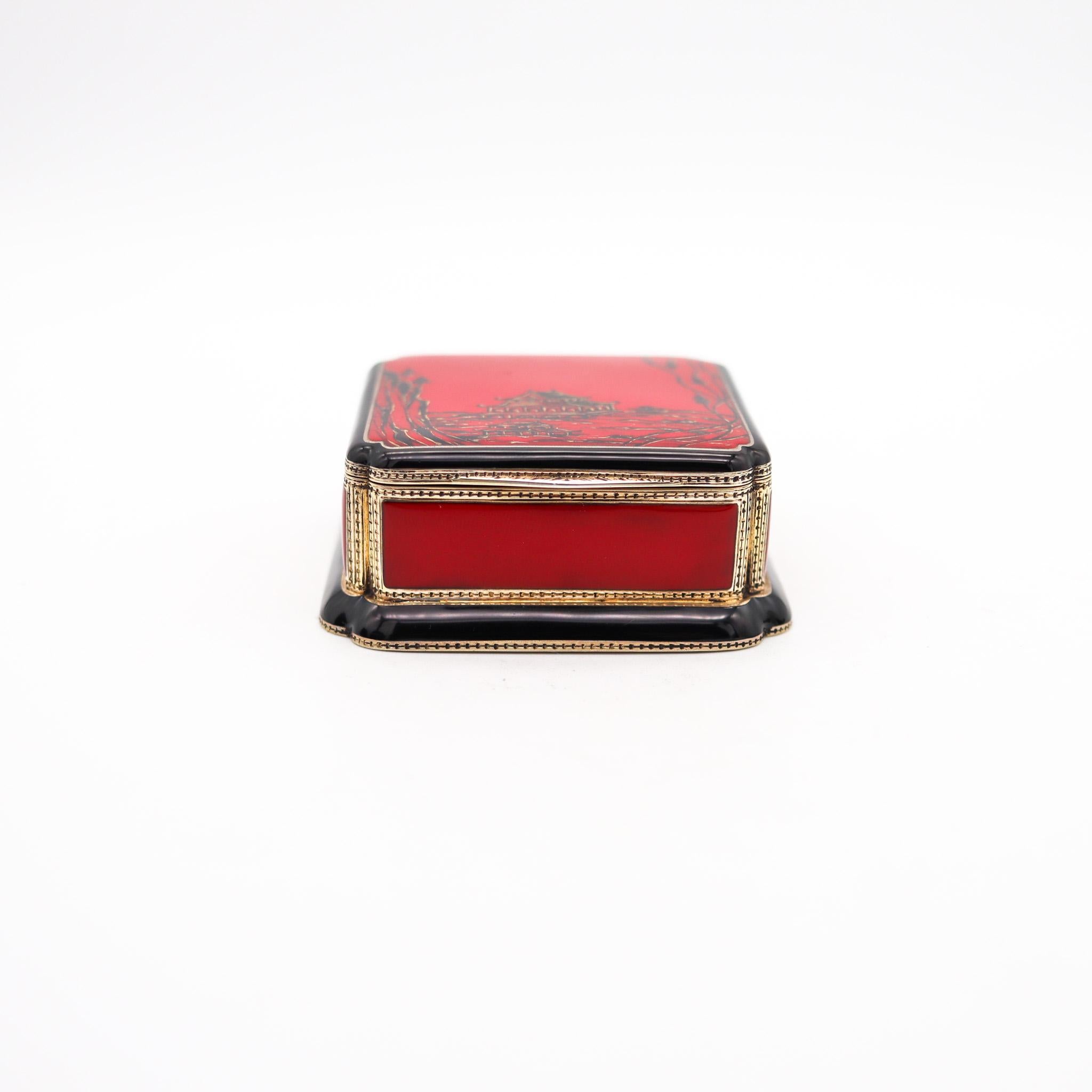 Art Deco Louis Kuppenheim 1925 Red And Black Enameled Chinoiserie Box Gilt .935 Sterling For Sale
