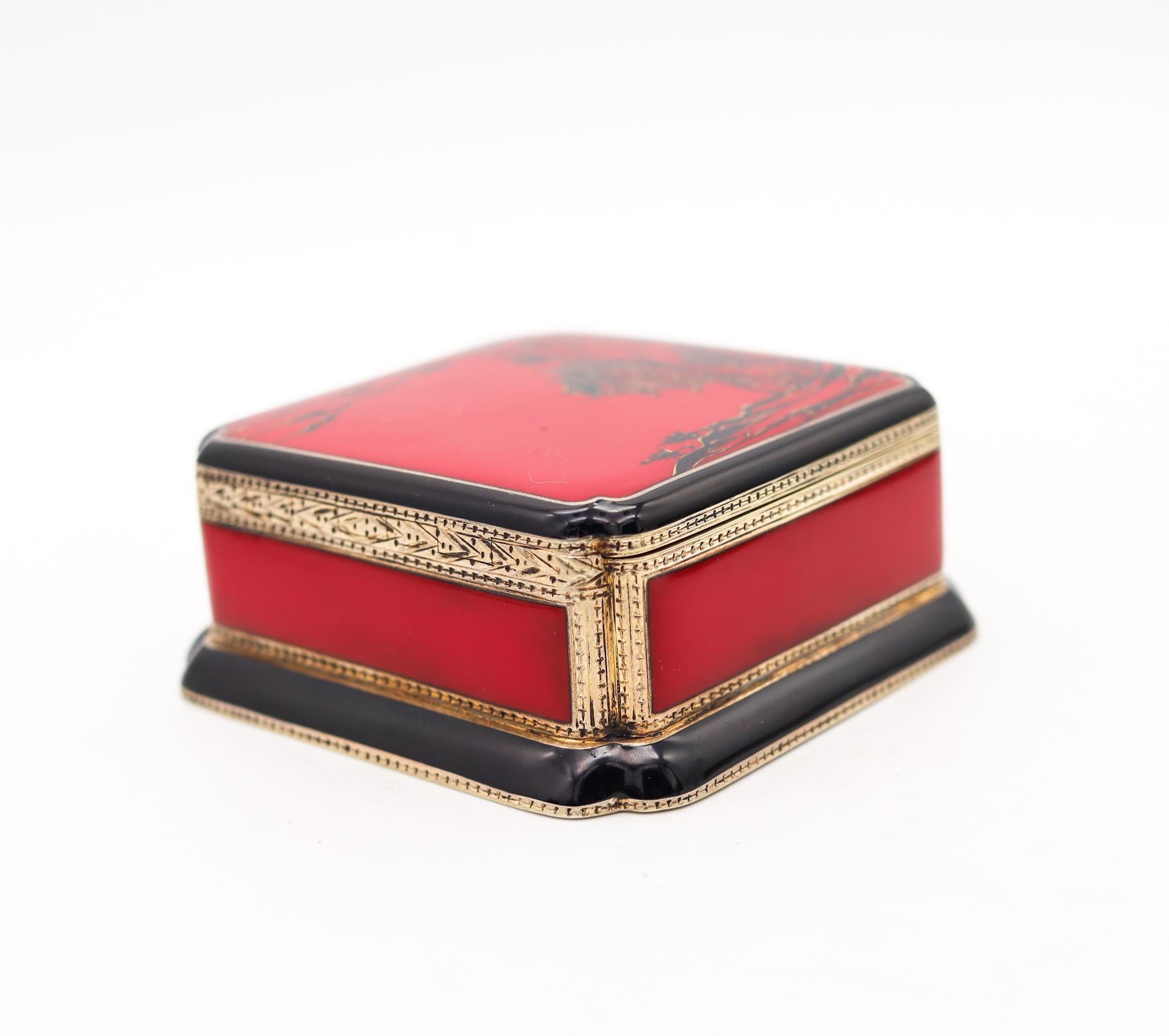 German Louis Kuppenheim 1925 Red And Black Enameled Chinoiserie Box Gilt .935 Sterling For Sale