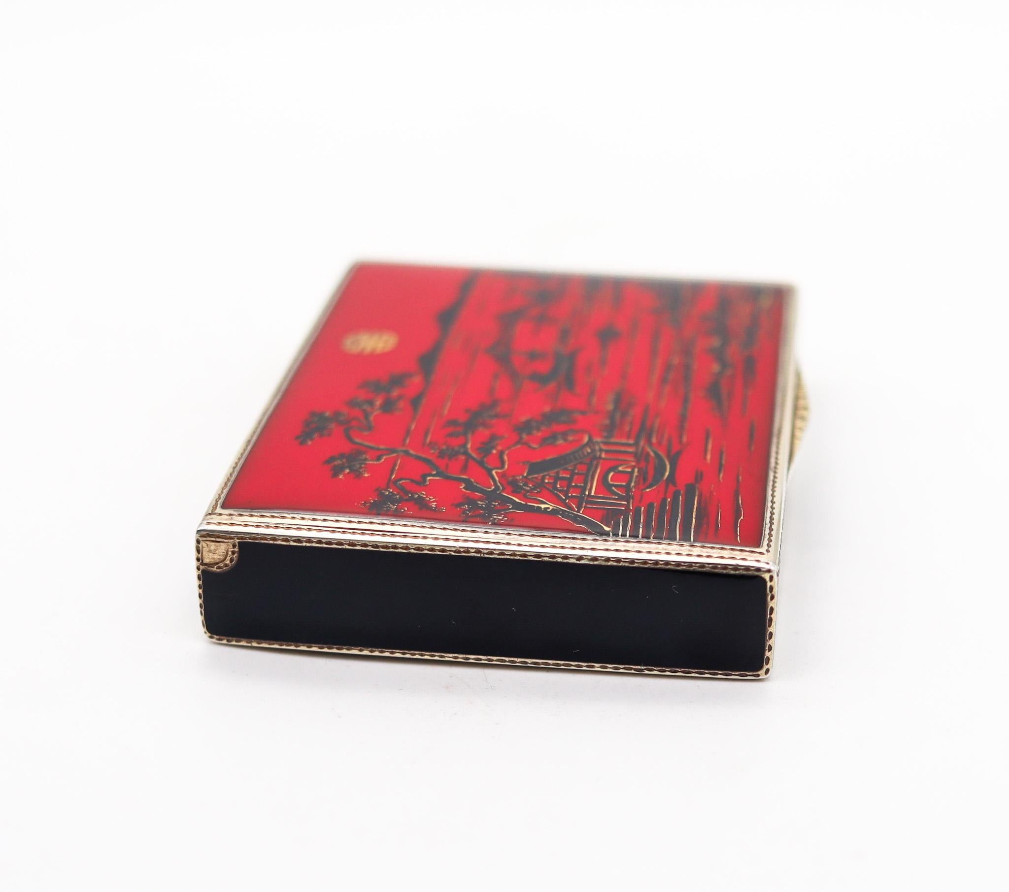 Art Deco Louis Kuppenheim 1925 Red And Black Enameled Chinoiserie Box In .935 Sterling