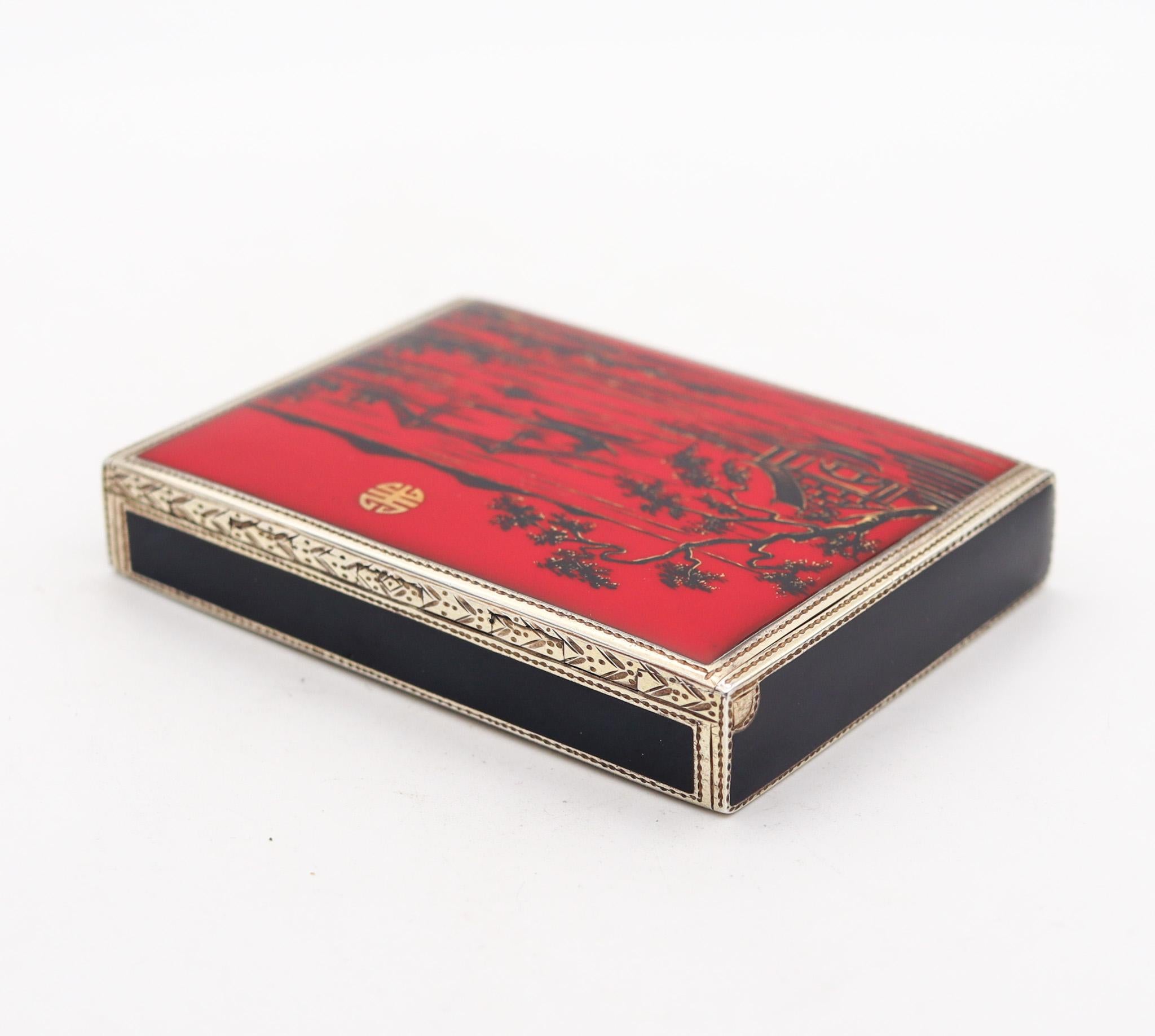 German Louis Kuppenheim 1925 Red And Black Enameled Chinoiserie Box In .935 Sterling