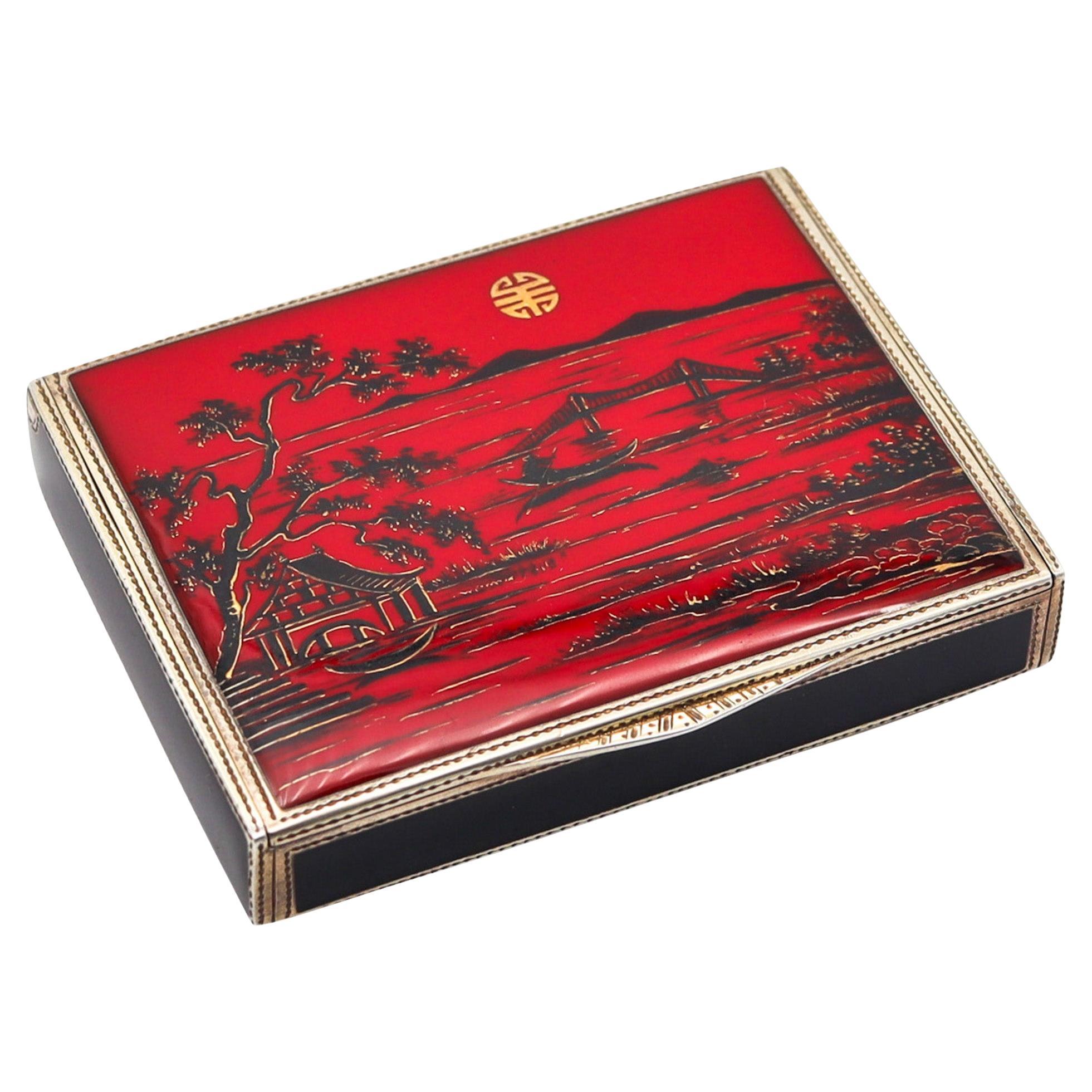 Rote und schwarz emaillierte Chinoiserie-Schachtel aus Sterling von Louis Kuppenheim aus dem Jahr 1925, 935