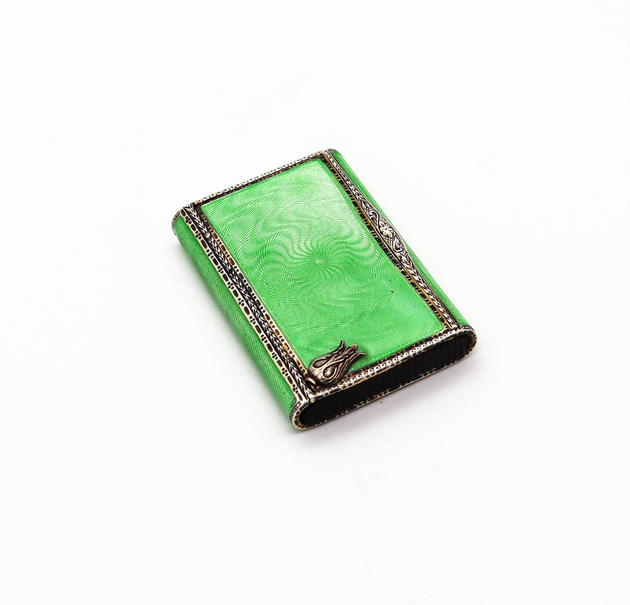Art Deco Louis Kuppenheim 1927 Guilloche Green Enamel Vesta Box In 925 Silver Pill Box
