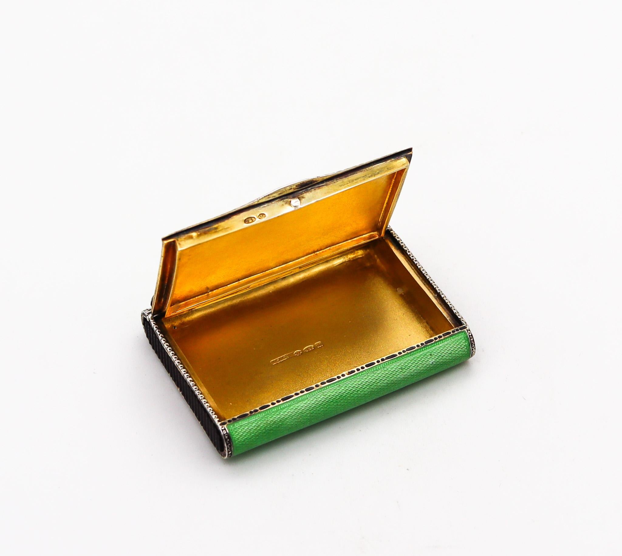 Women's or Men's Louis Kuppenheim 1927 Guilloche Green Enamel Vesta Box In 925 Silver Pill Box
