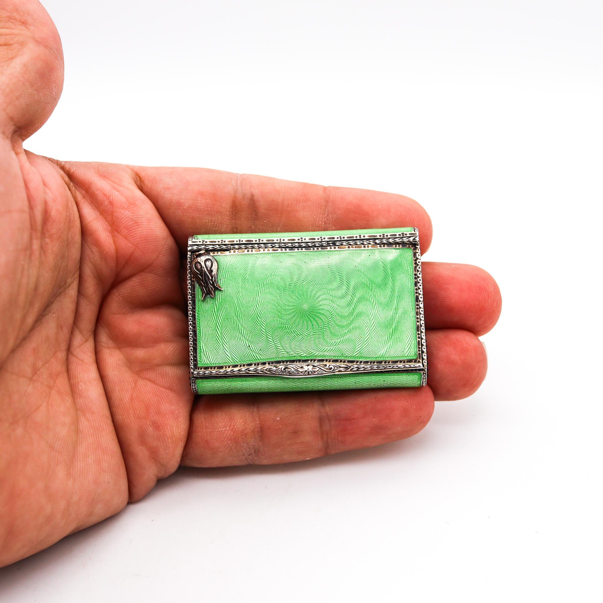 Louis Kuppenheim 1927 Guilloche Green Enamel Vesta Box In 925 Silver Pill Box 3