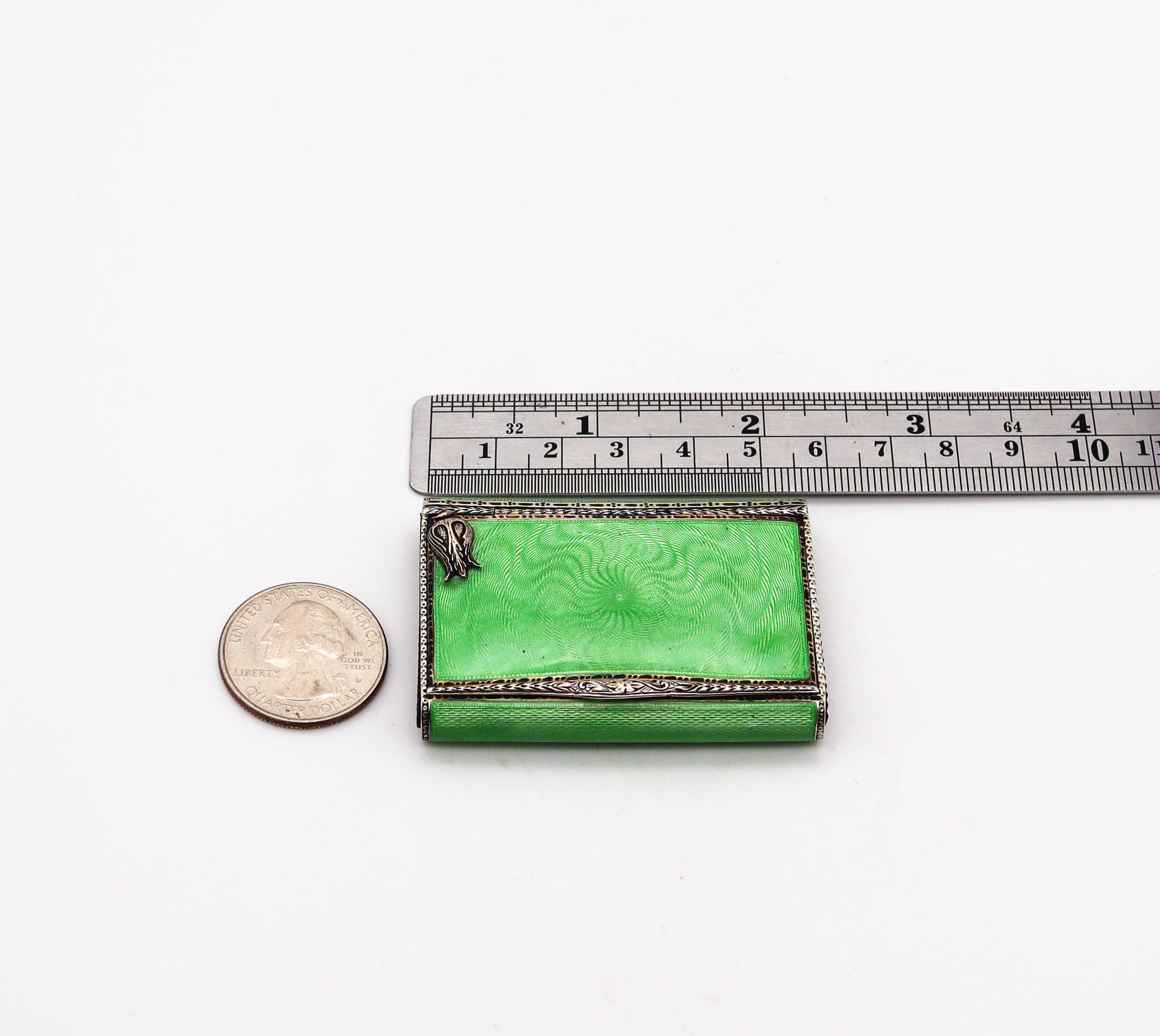 Louis Kuppenheim 1927 Guilloche Green Enamel Vesta Box In 925 Silver Pill Box 4