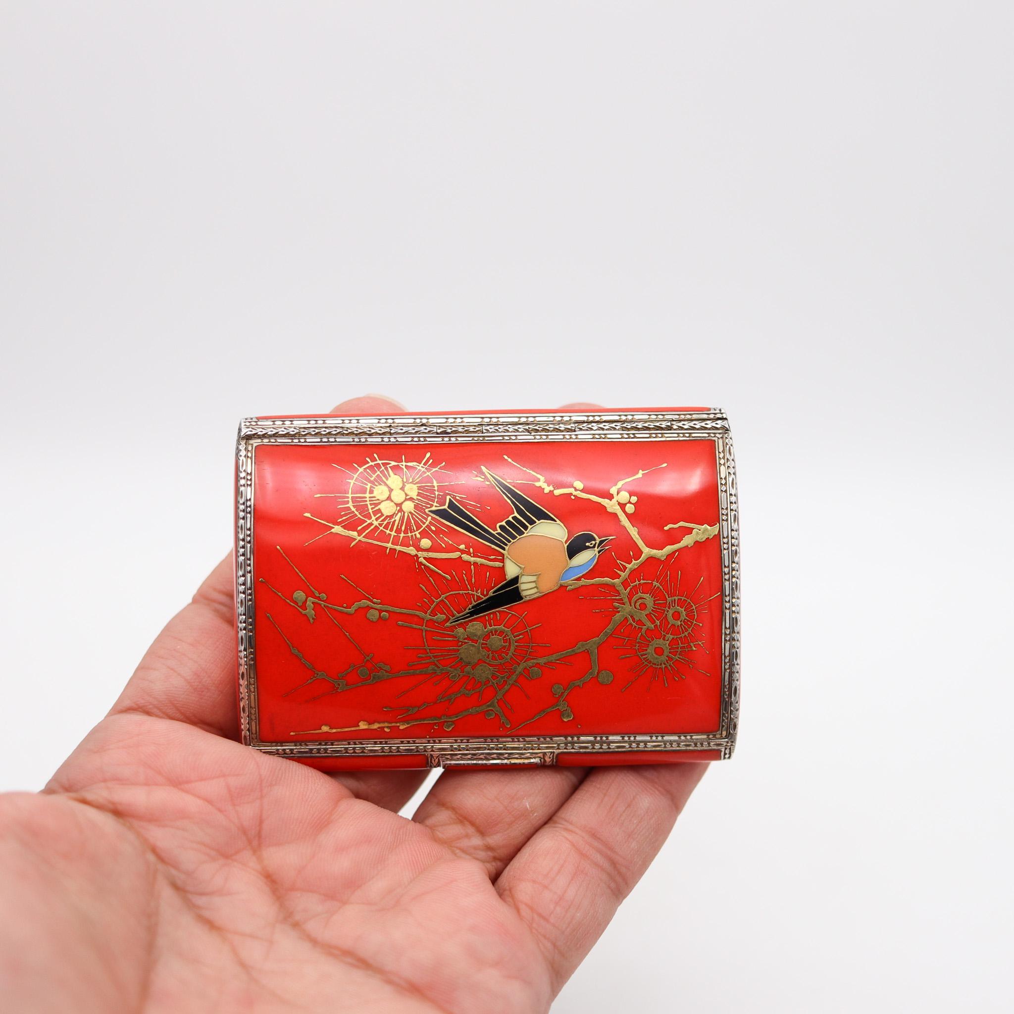 Louis Kuppenheim 1930 Orange And Gold Enameled Chinoiserie Box In 935 Sterling  3
