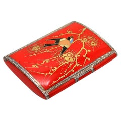 Antique Louis Kuppenheim 1930 Orange And Gold Enameled Chinoiserie Box In 935 Sterling 