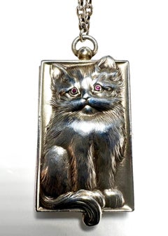 Louis Kuppenheim German .900 Silver Cat Vanity Compact with Ruby Eyes, c. 1920