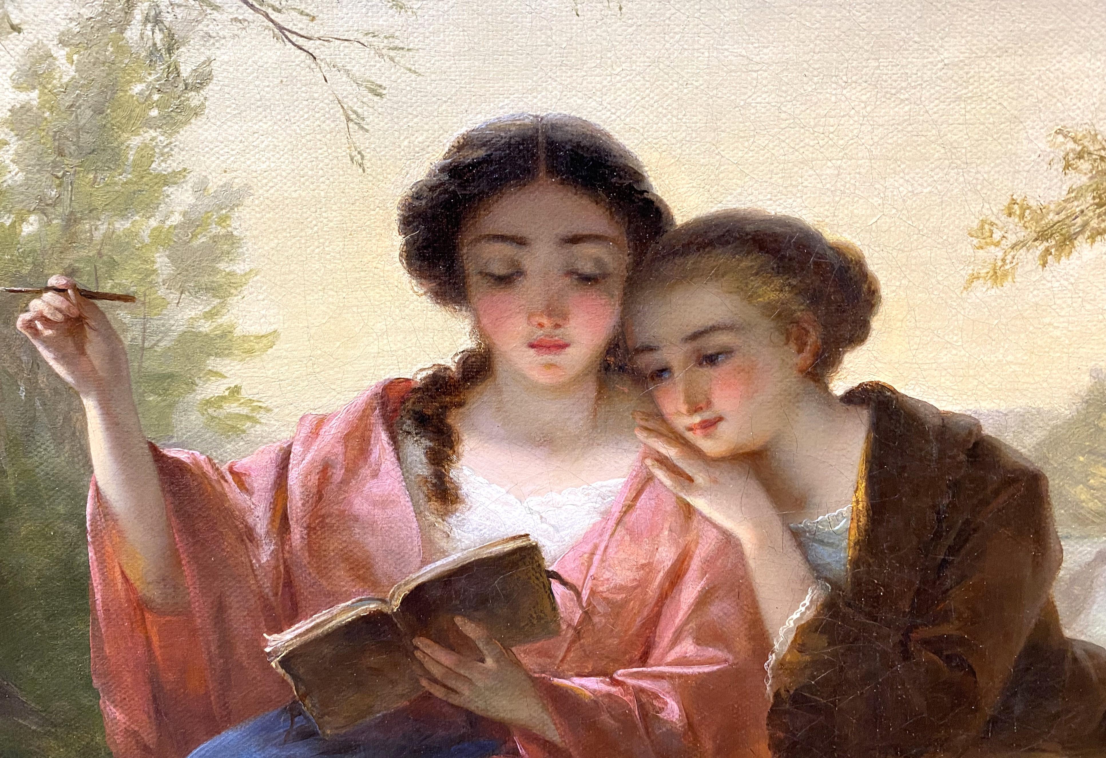 A beautiful oval landscape painting with two young girls reading near Niagara Falls by German American artist Louis Lang (1814-1893). Lang was born in Waldsee, Wurtemberg, Germany, and came from an artistic family, his father being a history